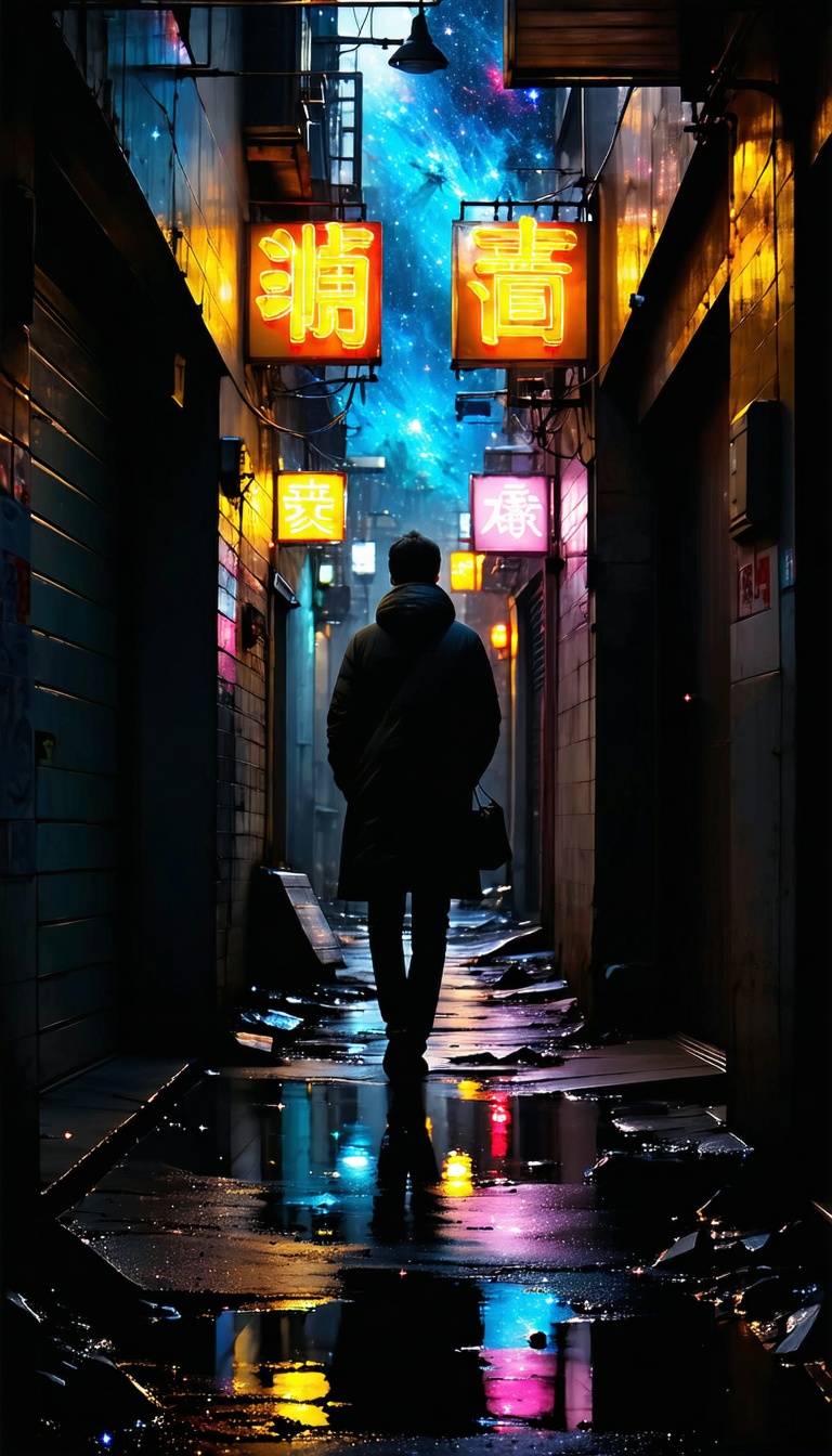 비 내리는 밤의 도시 골목길, 밤거리, 골목길, 네온사인, 비, 도시 풍경, 신비로운