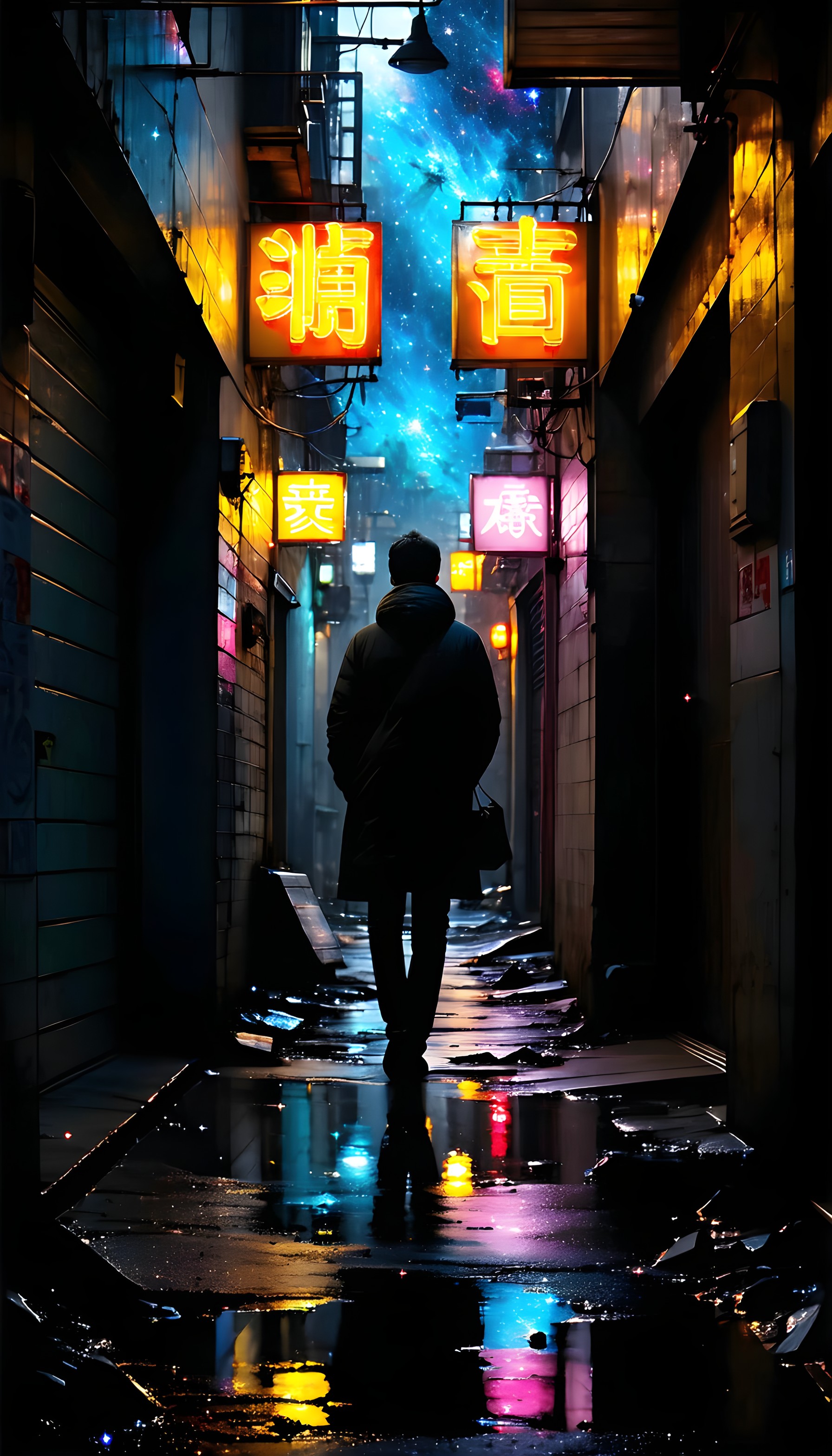 Cyberpunk Alley Walker under Cosmic Nebula Sky, cyberpunk, neon, alley, night, cityscape, stars