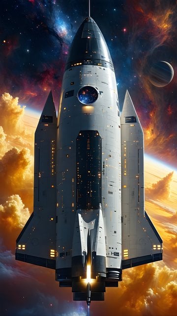 Epic Spaceship Launch in Cosmic Nebula Sky