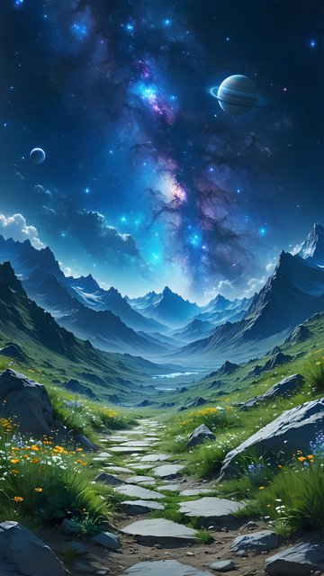 Fantasy Mountain Valley Path Under Cosmic Night Sky