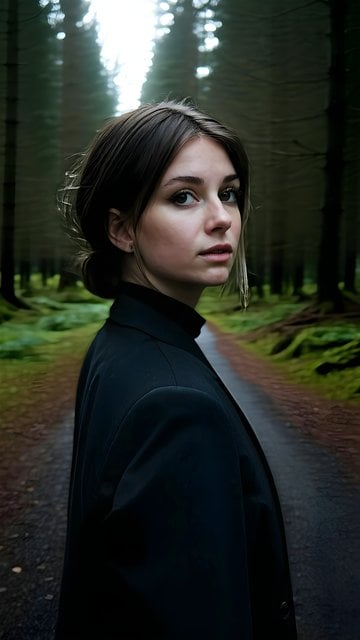 Mysterious Woman Portrait in Deep Forest Path