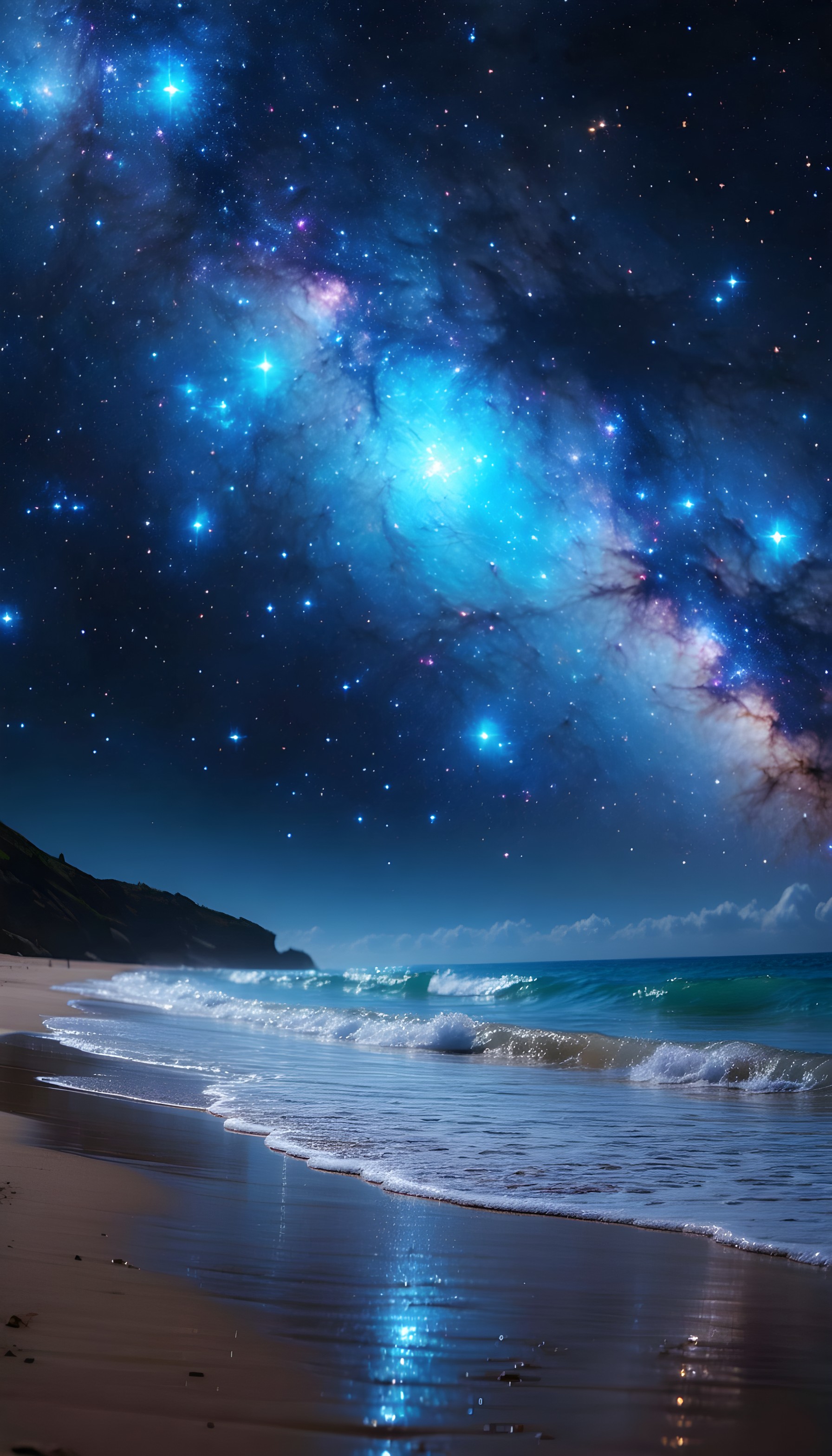 Cosmic Galaxy Beach Night Waves Wallpaper, galaxy, nebula, night beach, ocean waves, starry sky, cosmic