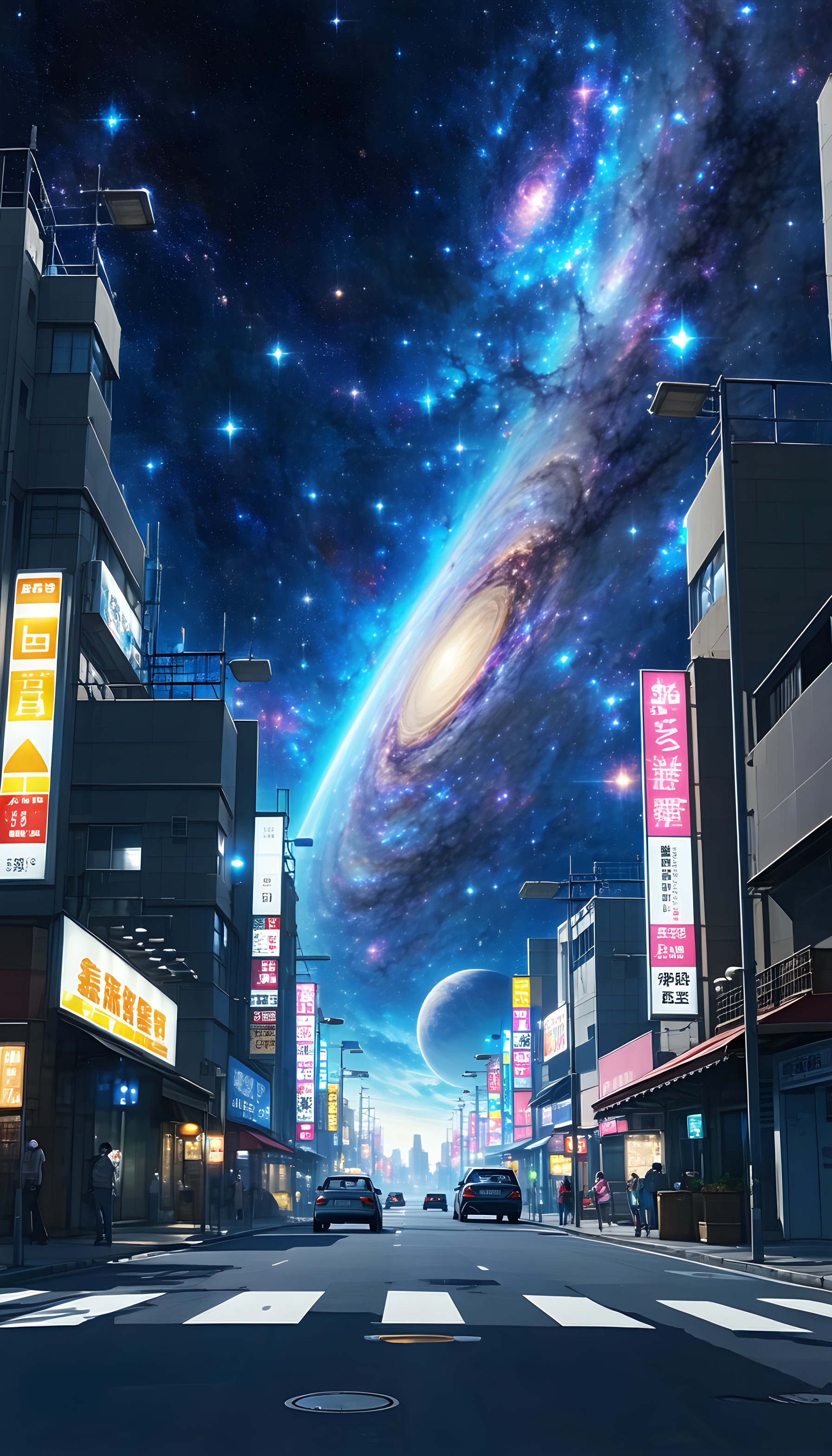 Neon City Galaxy Streetscape Wallpaper, galaxy wallpaper, neon city, futuristic street, space art, urban fantasy, anime aesthetic