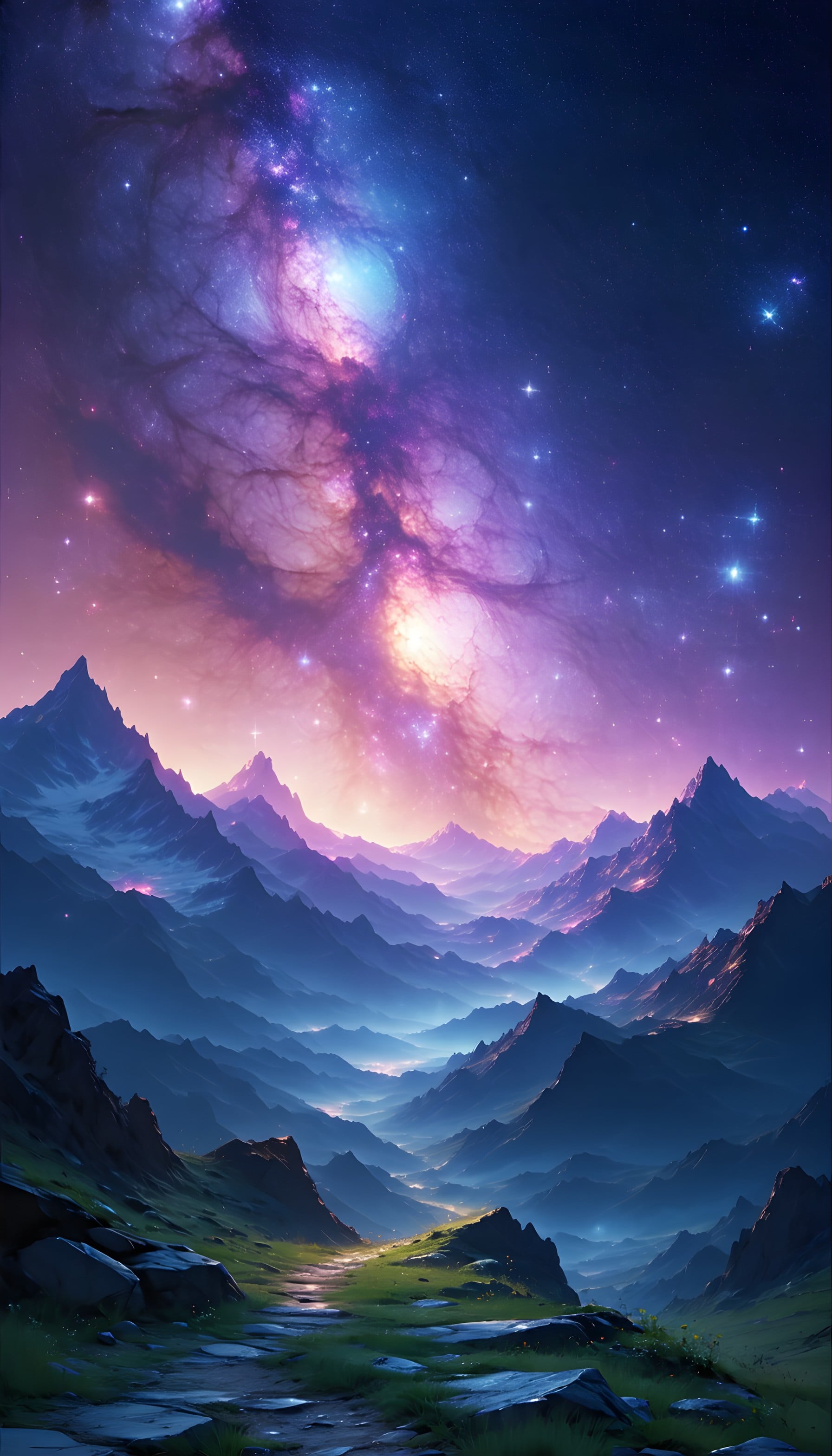 Cosmic Mountain Path Under Galactic Nebula Sky, galaxy, nebula, mountains, fantasy landscape, cosmic sky, night scene