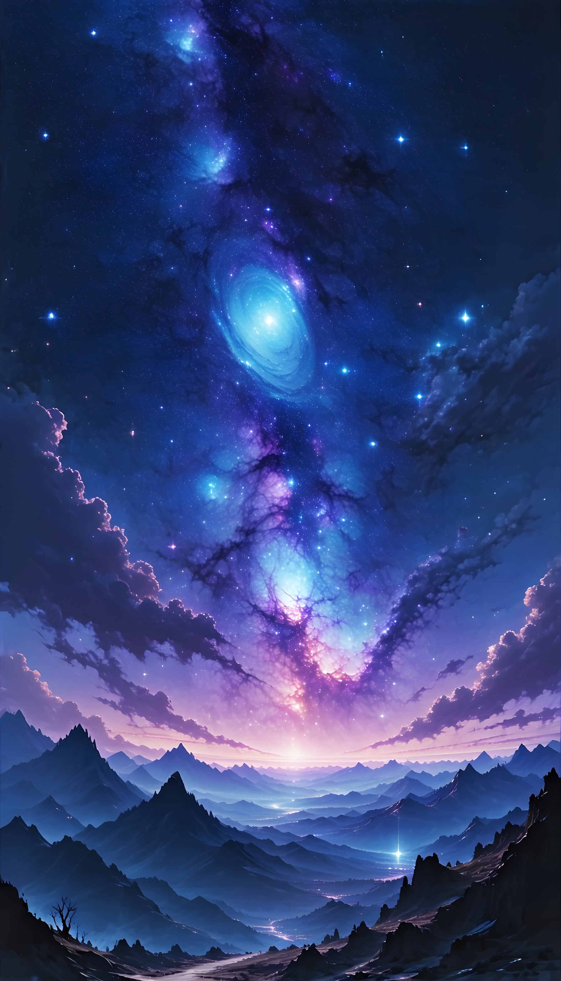 Vibrant Nebula Galaxy Sky over Fantasy Mountains, galaxy, nebula, cosmic sky, fantasy landscape, night mountains, digital art