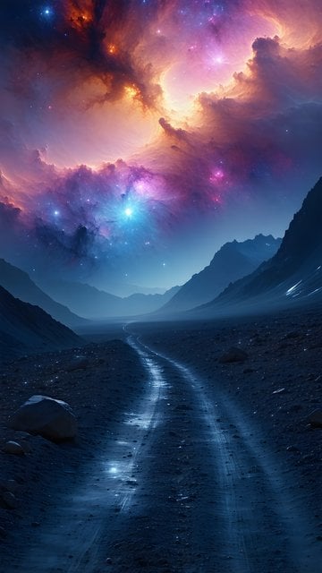 Cosmic Valley Path Under Nebula Sky Wallpaper