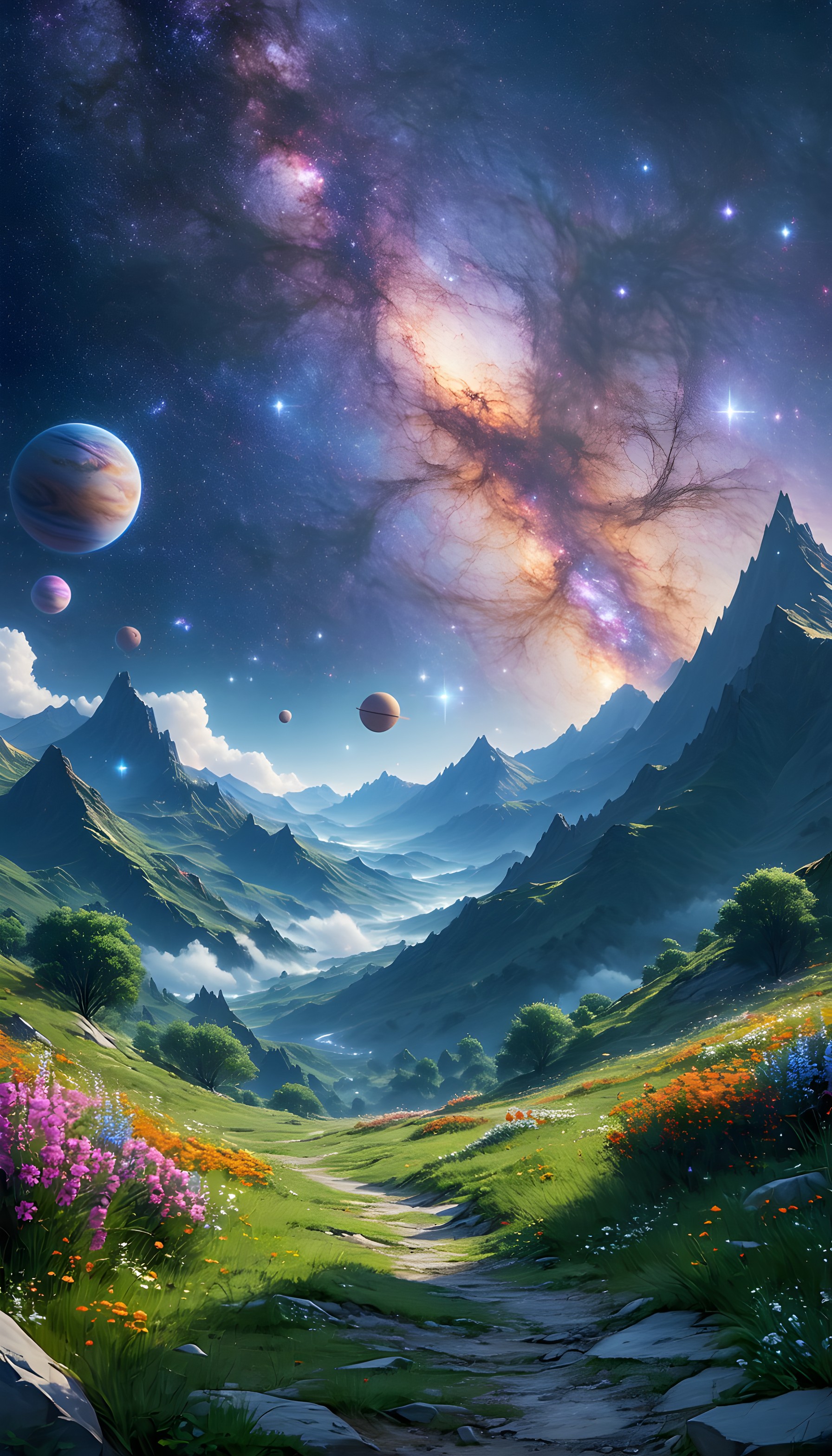 Fantasy Mountain Valley Cosmic Sky Wallpaper, fantasy landscape, cosmic sky, nebula, planets, mountains, green valley