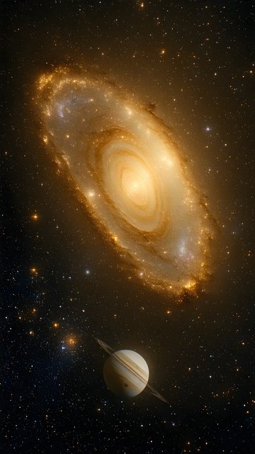 Golden Galaxy and Saturn Planet Space Wallpaper