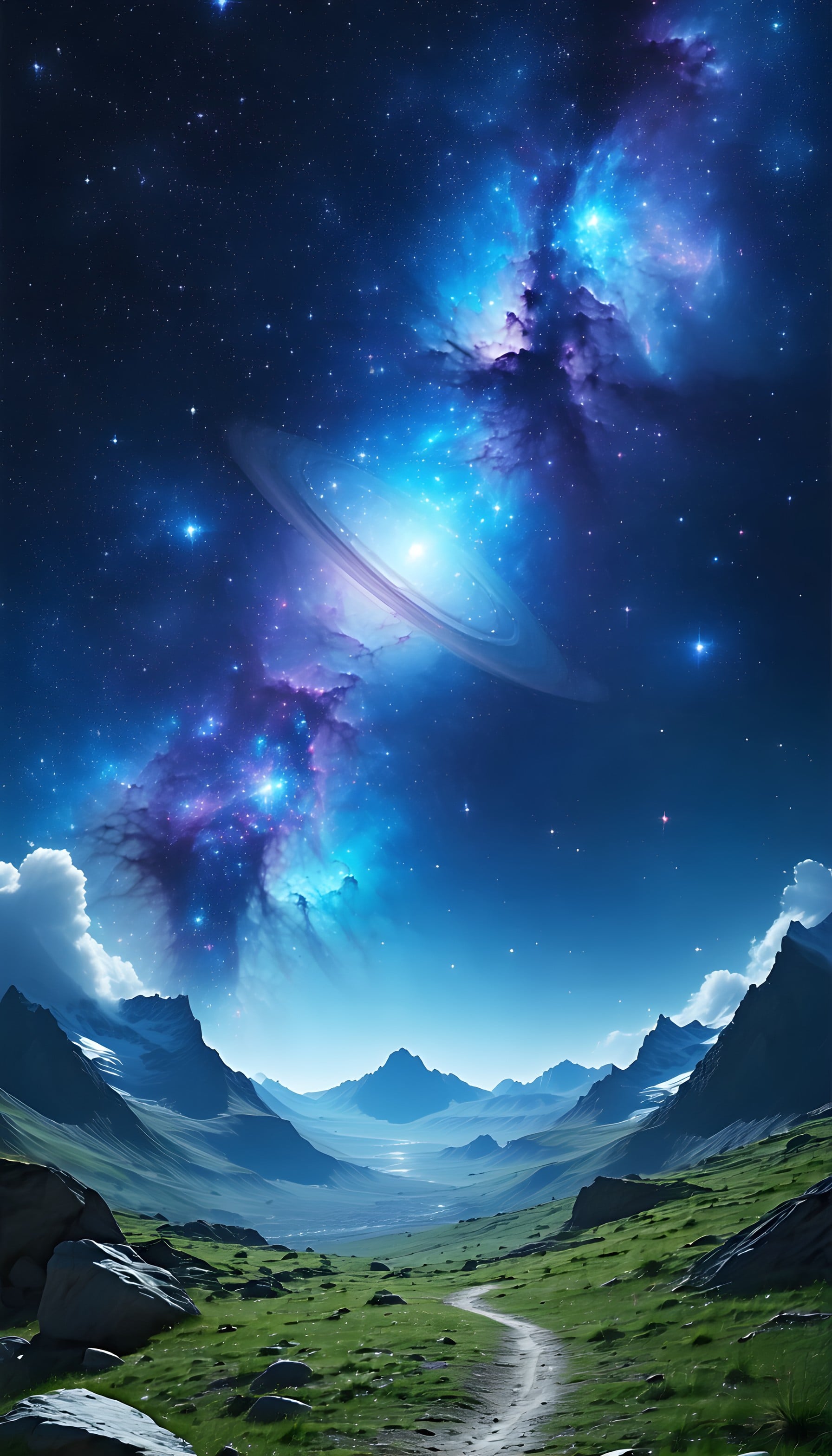 Enchanted Cosmic Valley Path with Vibrant Nebula Sky, cosmic, nebula, fantasy landscape, starry sky, mountains, green valley