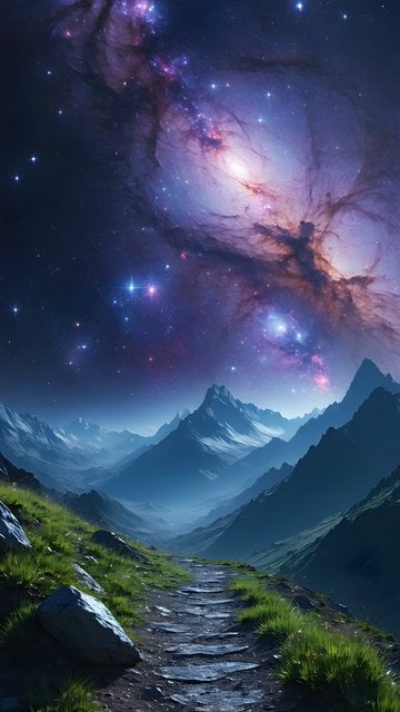 Ethereal Galaxy Nebula Over Mountain Path
