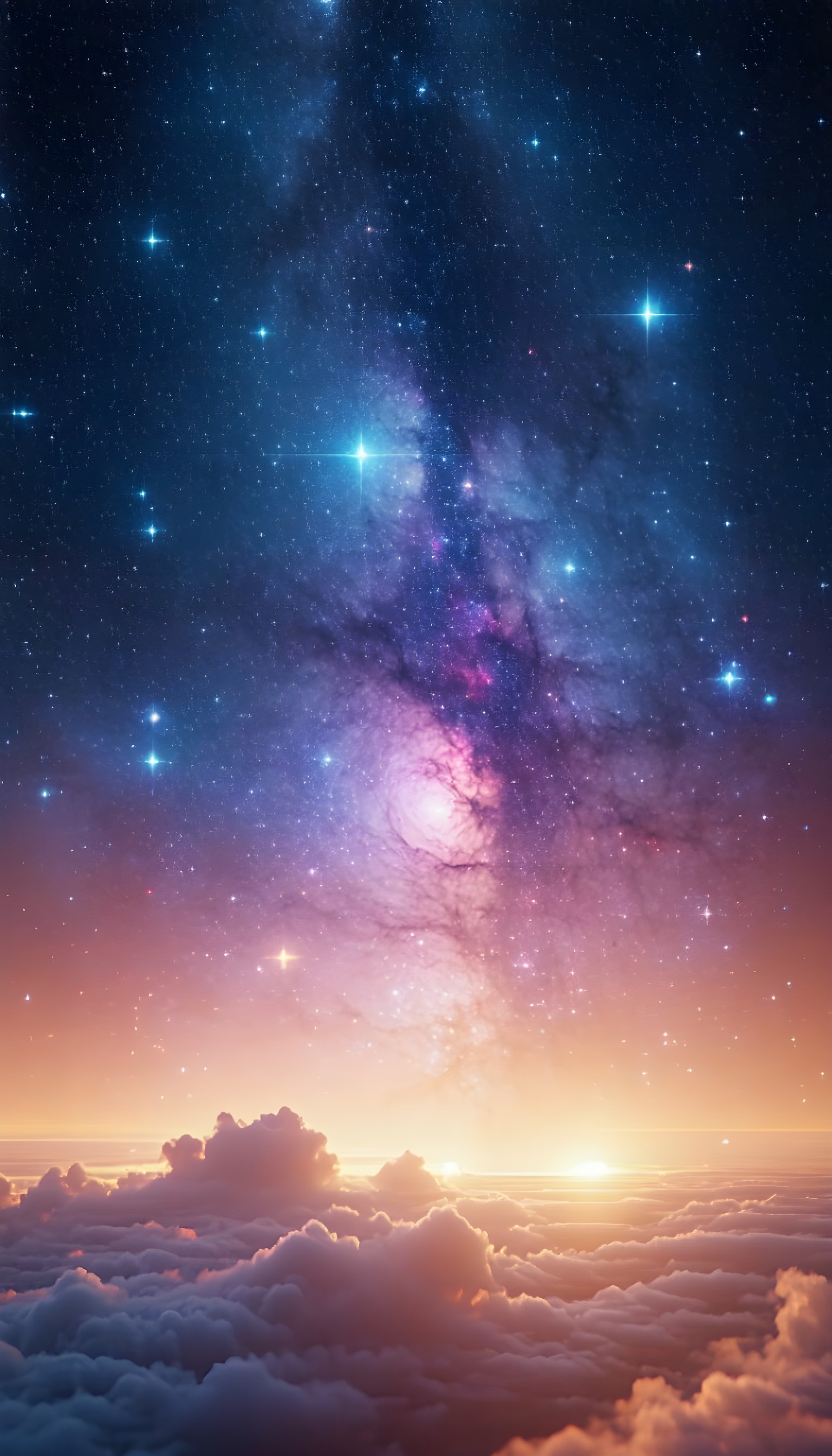 Celestial Sunrise Over Clouds with Milky Way Galaxy, celestial, milky way, space, nebula, stars, clouds