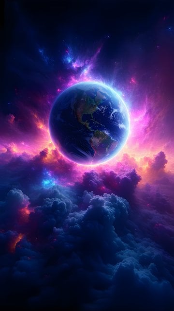 Vibrant Glowing Earth Planet & Cosmic Nebula Wallpaper