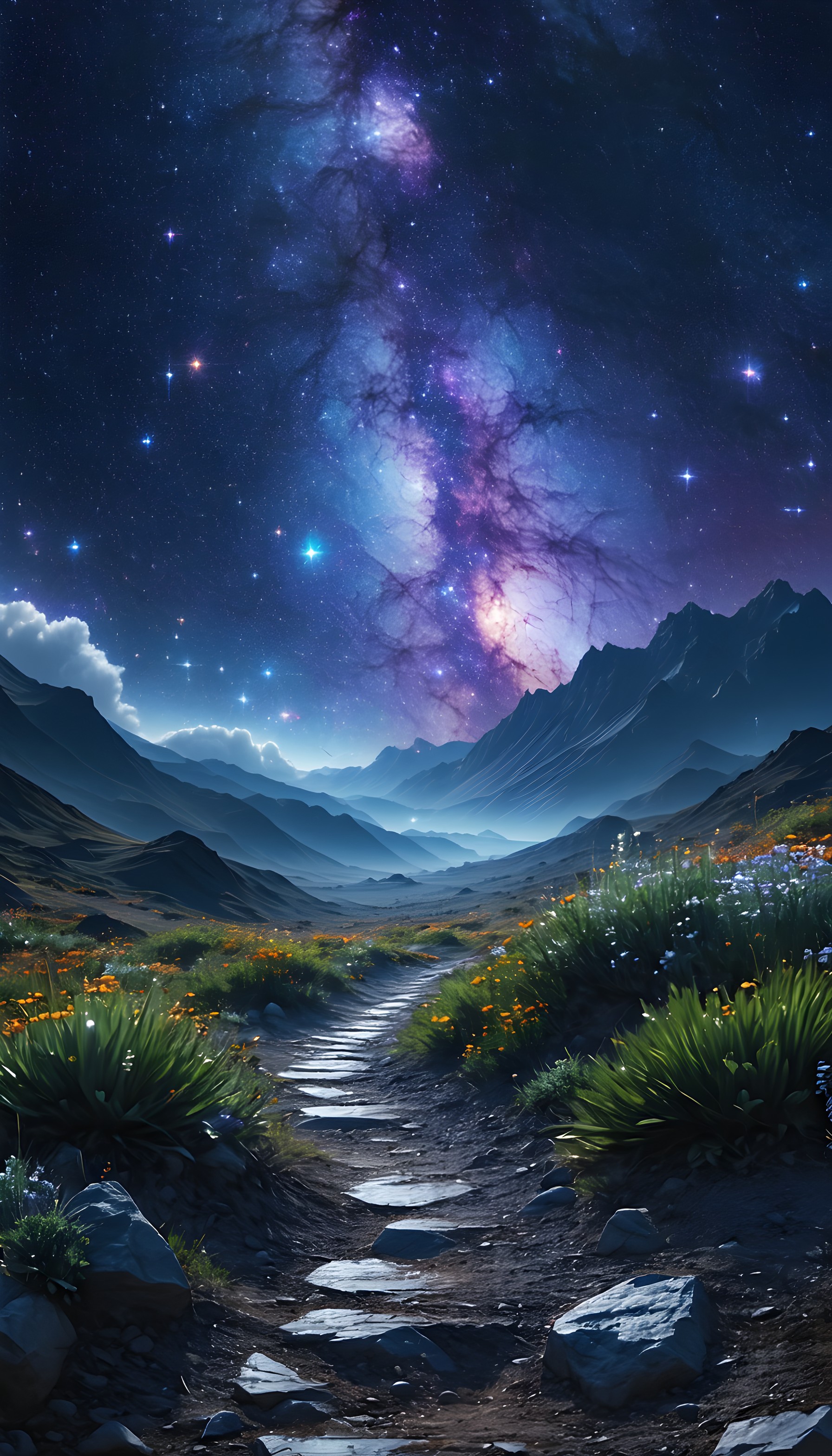 Starry Night Mountain Path Galaxy Wallpaper, milky way, night sky, mountains, landscape, fantasy, path