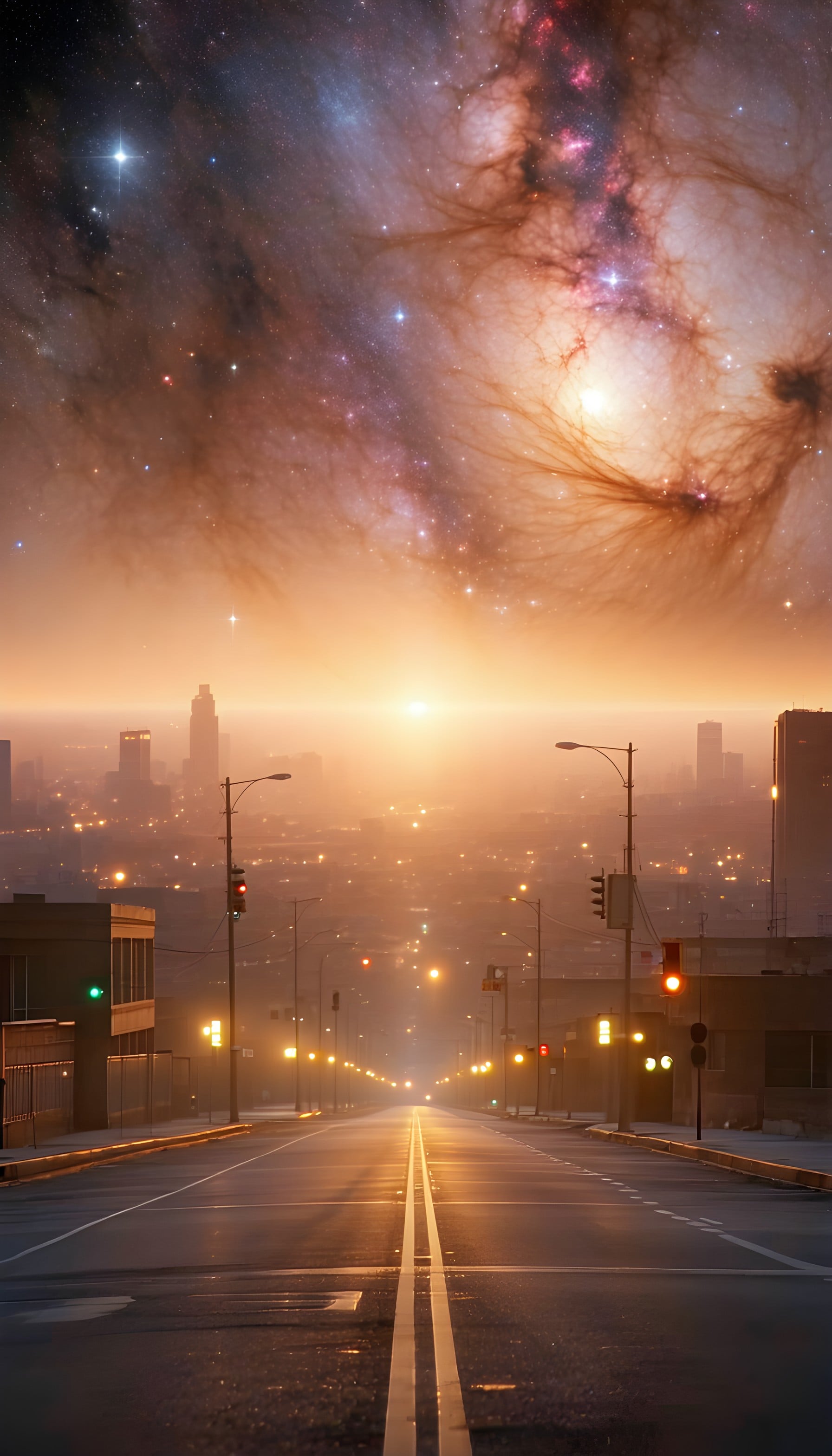 Urban Galaxy Sunset Street View Wallpaper, cosmic city, galaxy wallpaper, urban street, sunset glow, digital art, dreamy