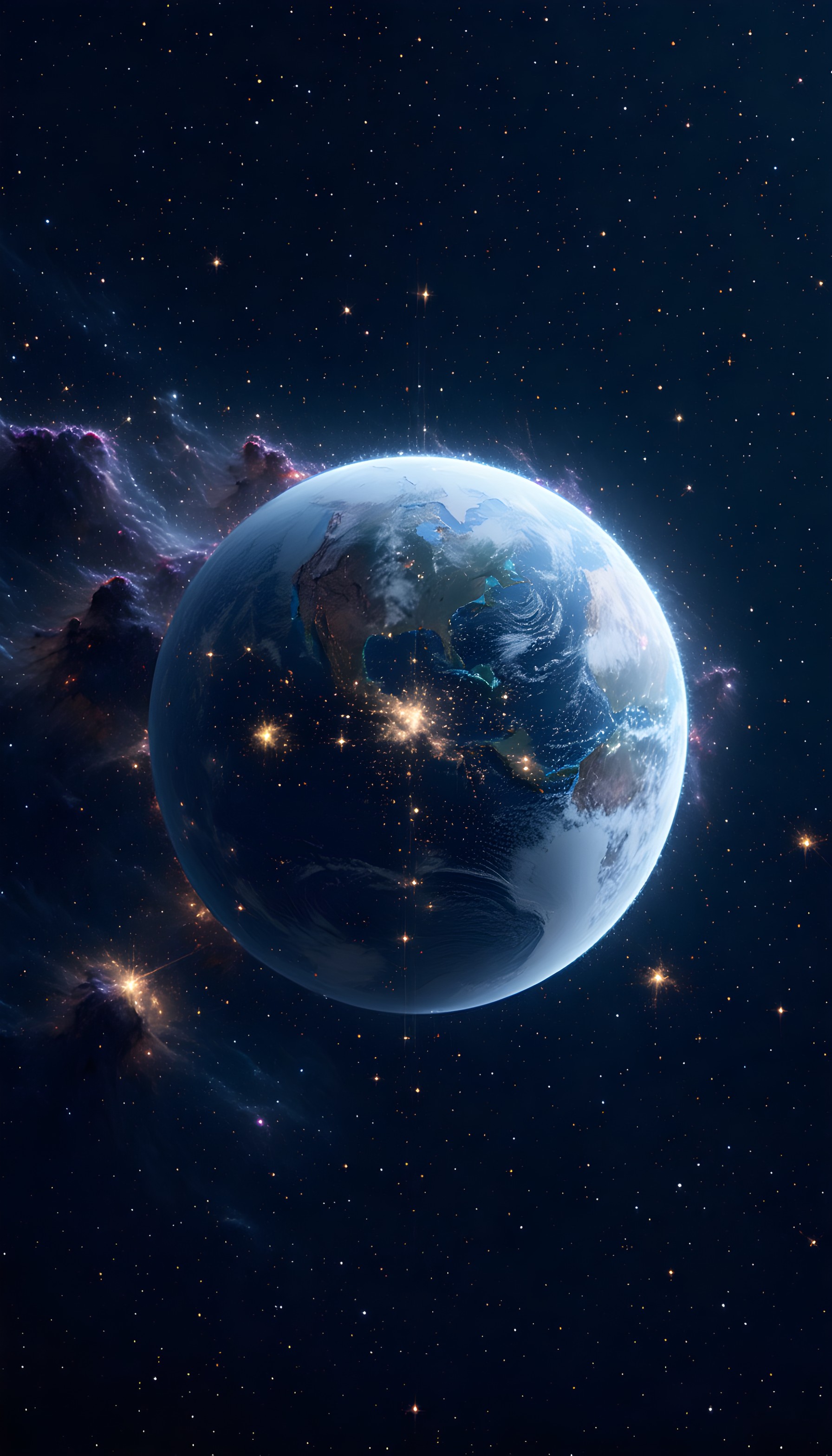 Stunning Earth from Space with Night City Lights & Nebula, earth, space, planet, stars, nebula, cosmos