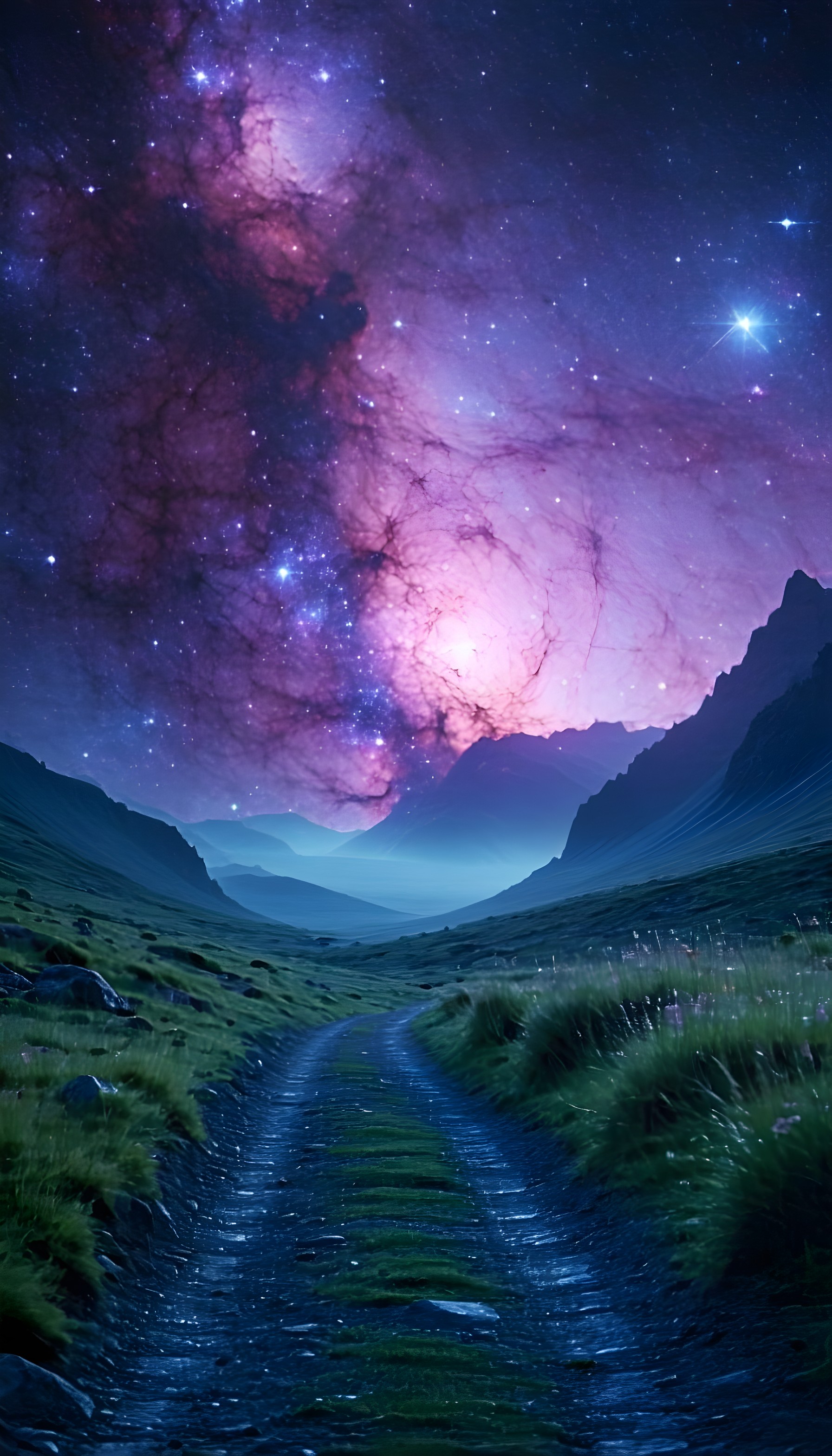 Mystic Nebula Mountain Valley Path Wallpaper, nebula, galaxy, night sky, mountain landscape, cosmic path, purple sky