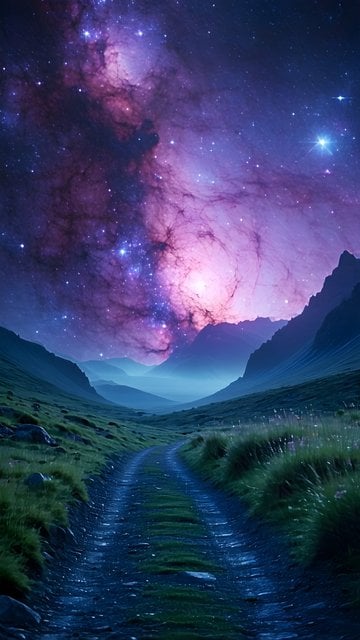 Mystic Nebula Mountain Valley Path Wallpaper