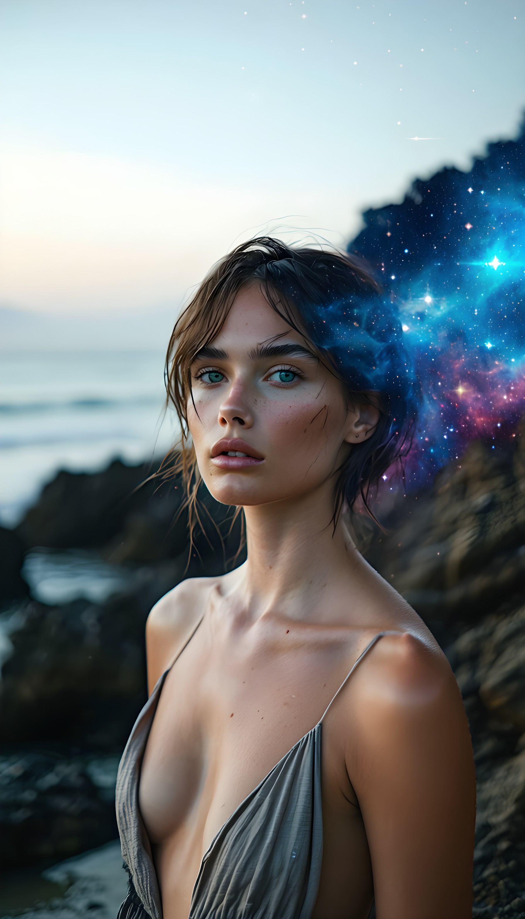 Ethereal Woman Cosmic Mind Beach Wallpaper, woman, portrait, cosmic, nebula, galaxy, beach