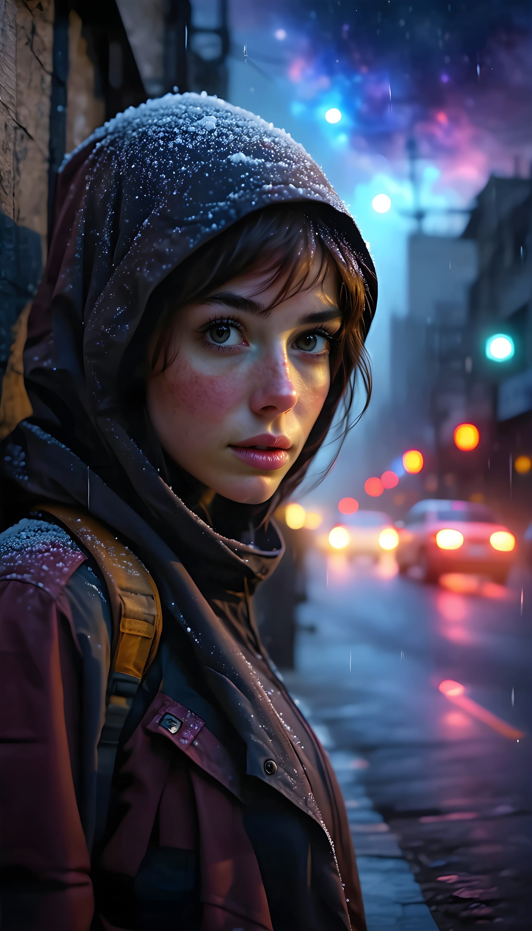 Rainy Winter City Night Portrait Wallpaper, urban portrait, winter night, moody aesthetic, city lights, bokeh wallpaper, rainy street
