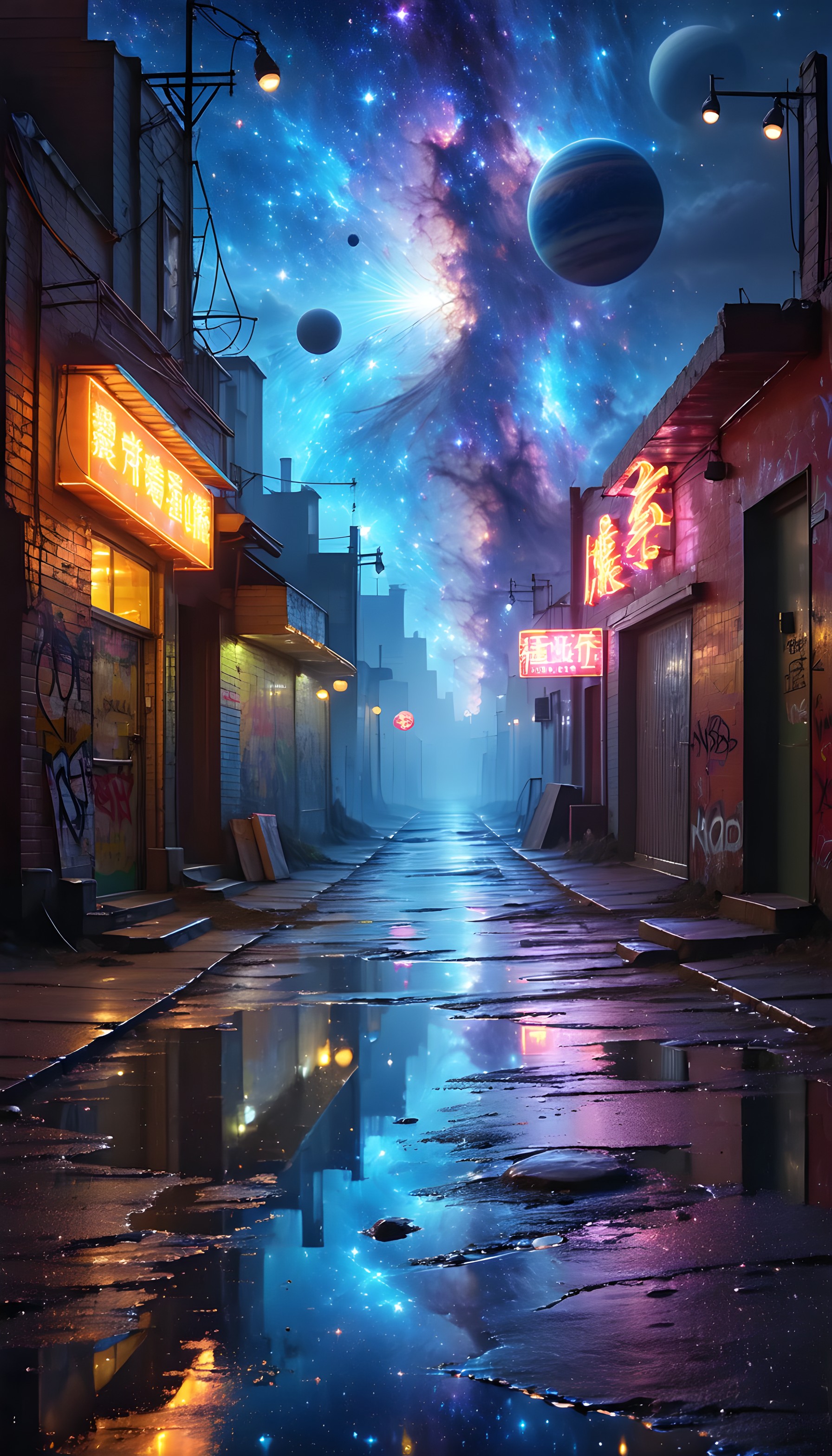 Cyberpunk Alley Nebula: Cosmic Cityscape Wallpaper, cyberpunk, sci-fi, cosmic, nebula, planets, alley