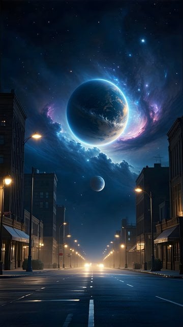 Cosmic City Street with Giant Planet Night Wallpaper