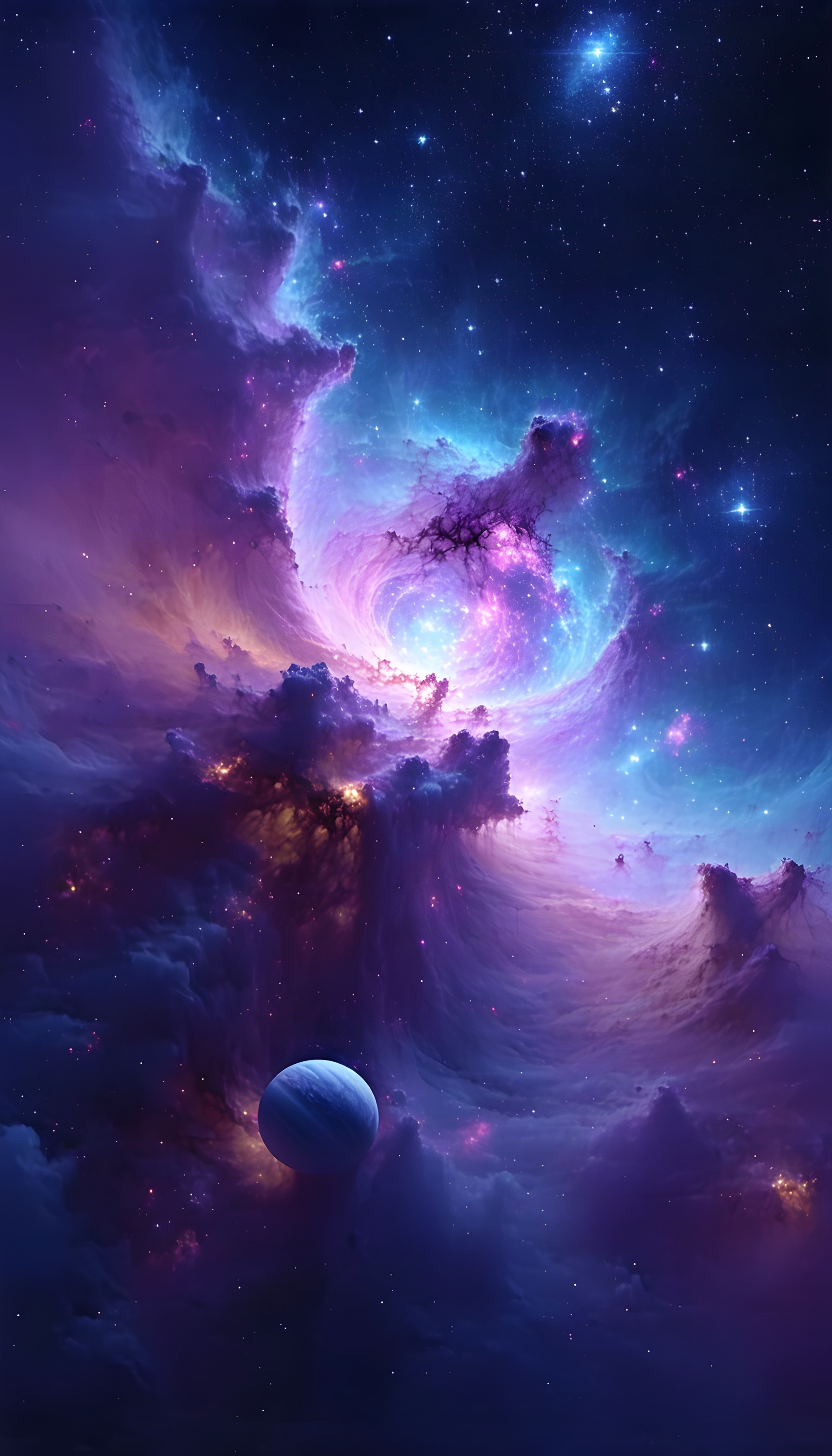 Vibrant Cosmic Nebula with Distant Planet Wallpaper, space, nebula, galaxy, cosmos, planet, purple