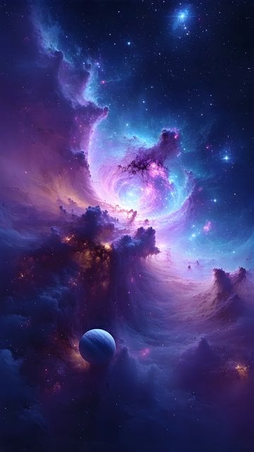 Vibrant Cosmic Nebula with Distant Planet Wallpaper