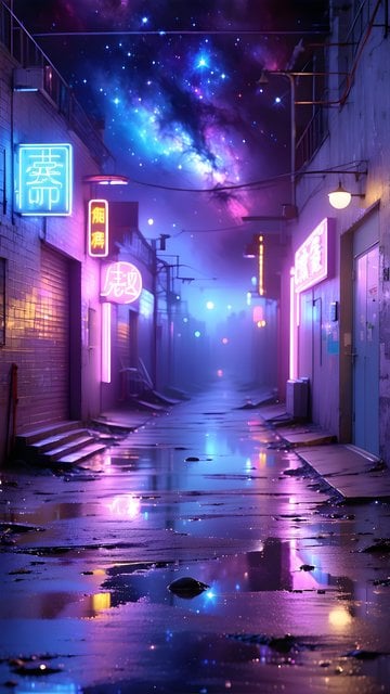 Neon Cyberpunk Alley with Galactic Night Sky