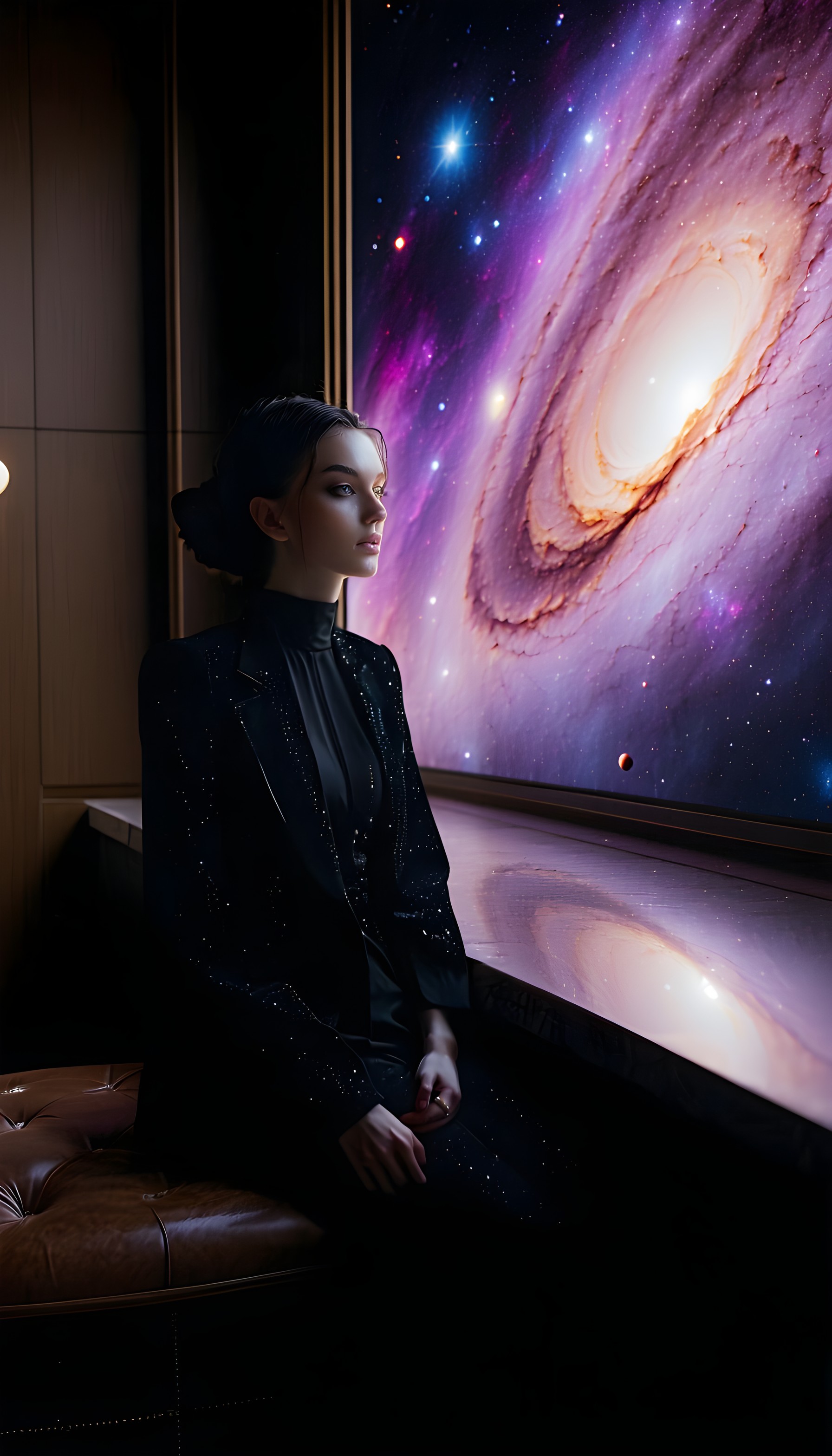 Elegant Woman & Cosmic Galaxy Display Wallpaper, woman, galaxy, space, cosmic, purple, vibrant