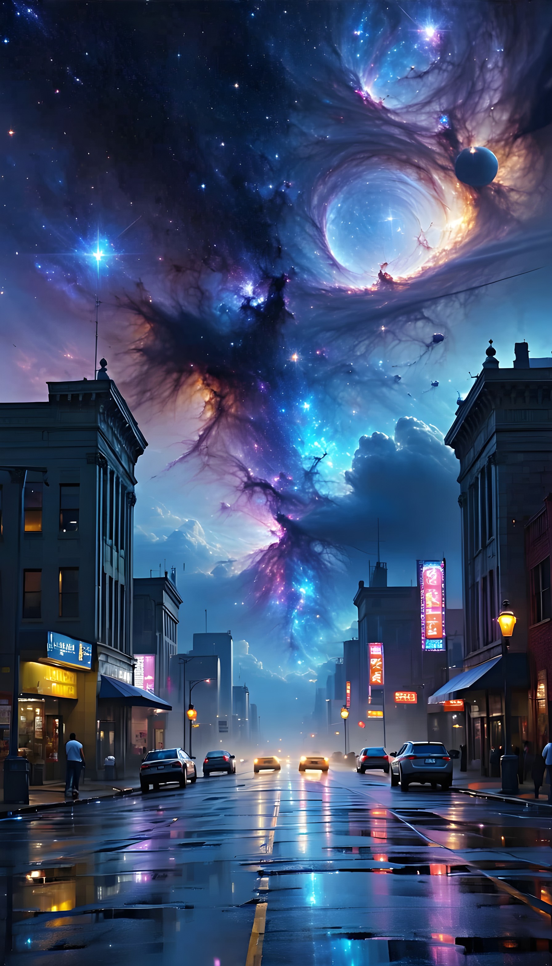 Cosmic City Rain: Nebula Urban Night Wallpaper, city street, rainy night, cosmic, nebula, galaxy, stars