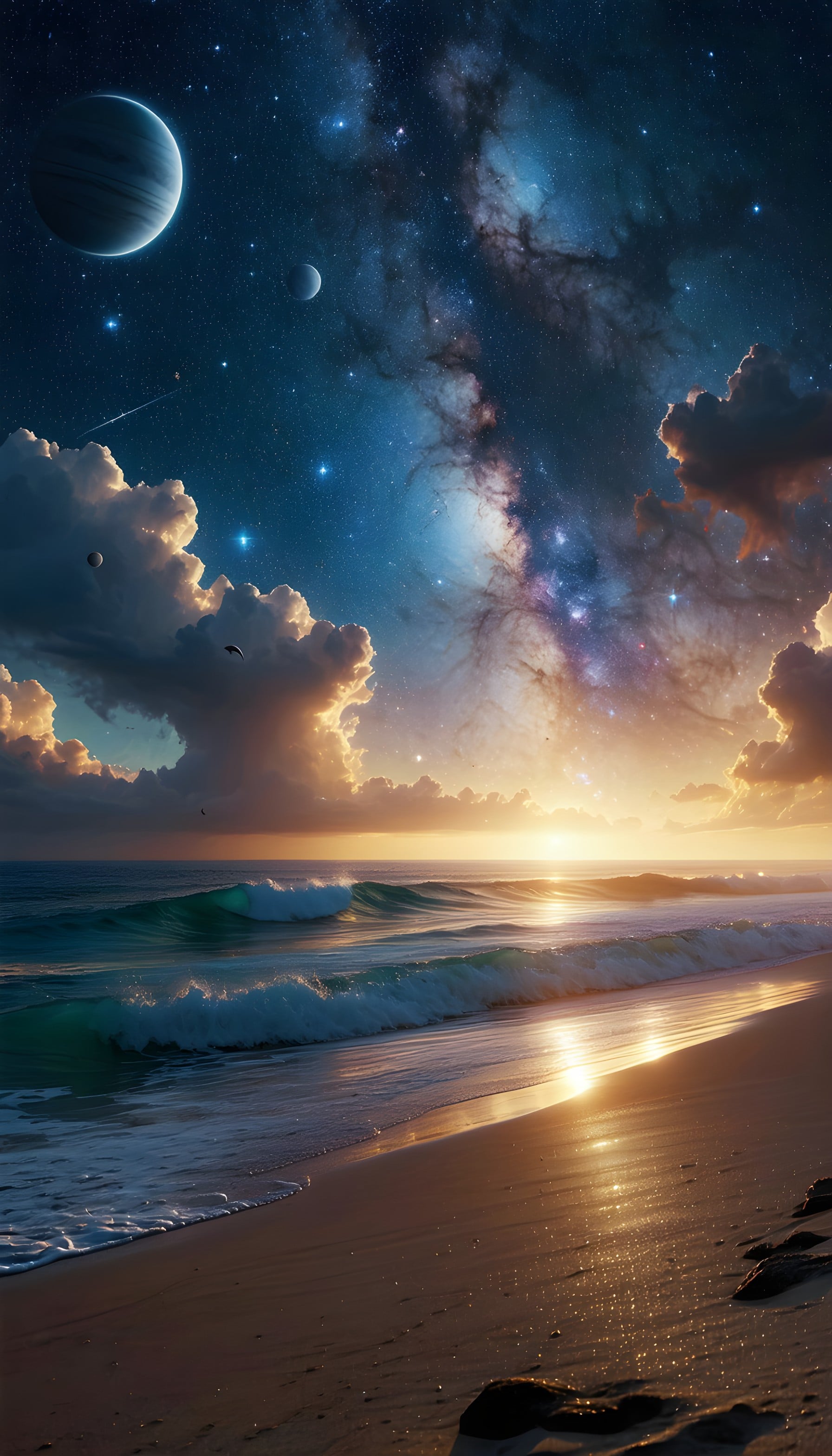 Cosmic Beach Sunset with Planets and Nebula, space beach, galaxy sunset, surreal ocean, cosmic art, fantasy wallpaper, mobile background
