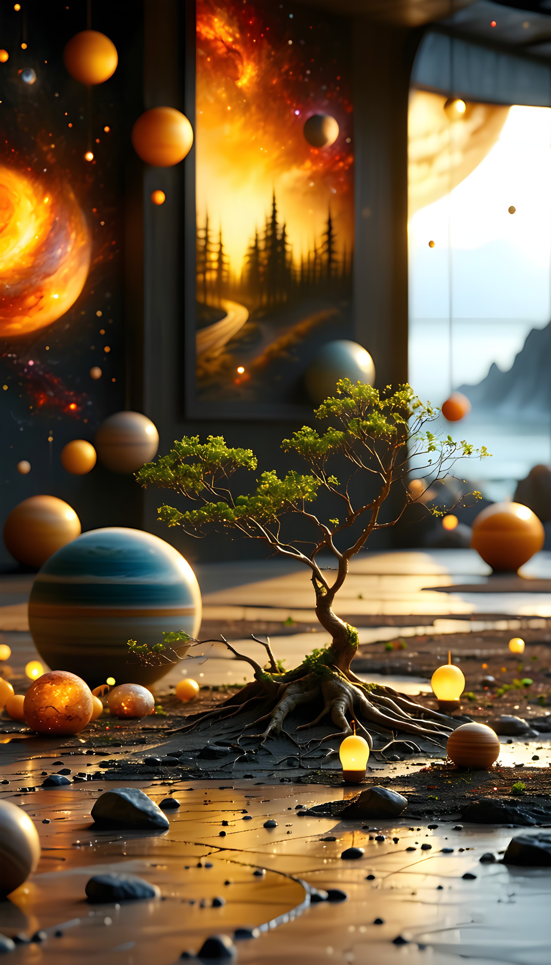 Cosmic Bonsai: Golden Planets & Surreal Fantasy Art, bonsai tree, cosmic fantasy, planets, galaxy art, surreal, golden light