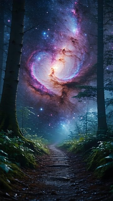 Magical Forest Path to a Cosmic Galaxy Night Sky