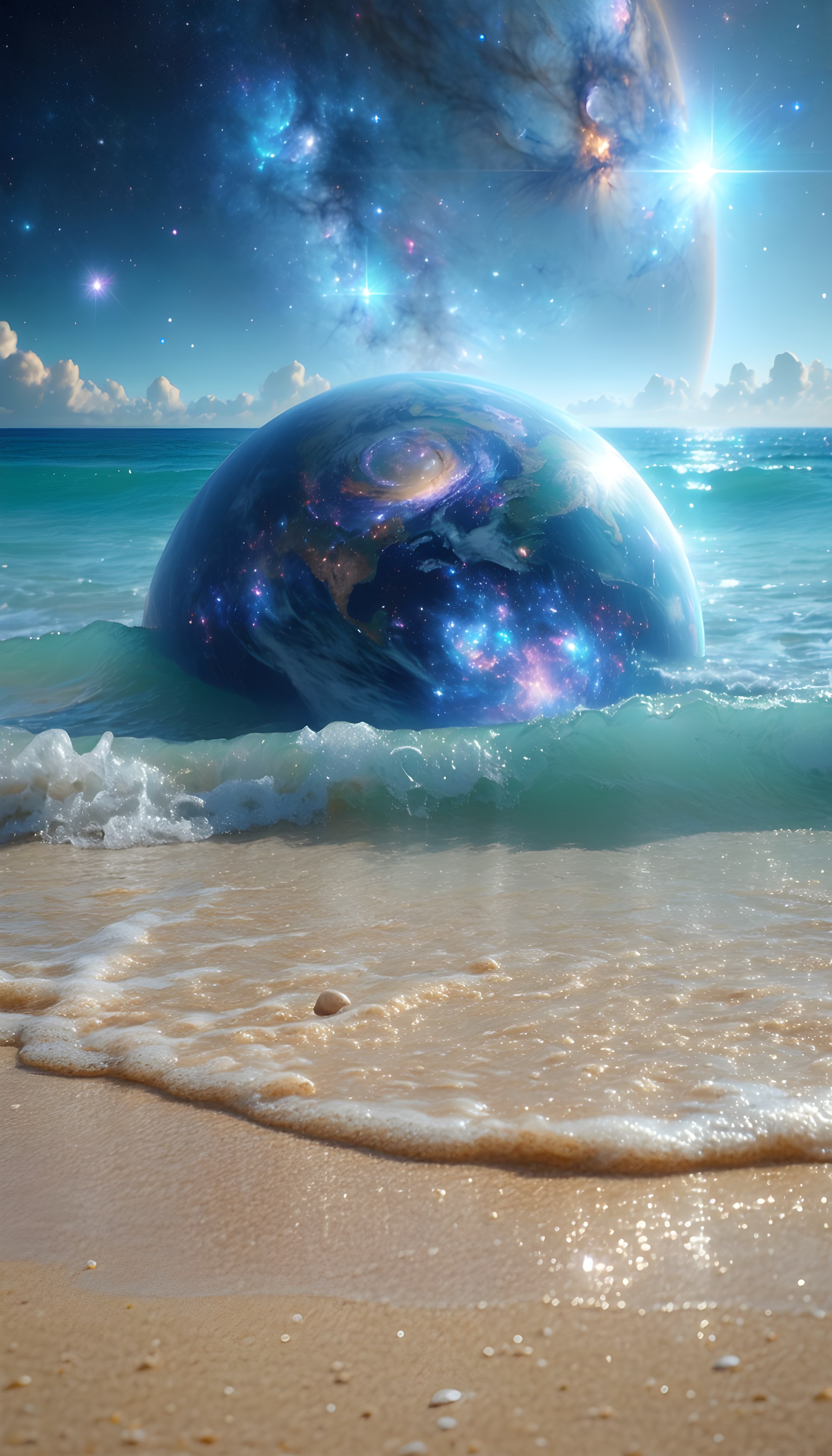 Cosmic Planet Beach Ocean Galaxy Stars Wallpaper, cosmic planet, galaxy beach, ocean waves, starry sky, surreal fantasy, celestial art