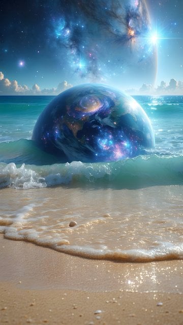 Cosmic Planet Beach Ocean Galaxy Stars Wallpaper