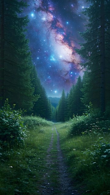 Enchanted Forest Path Under Cosmic Night Sky