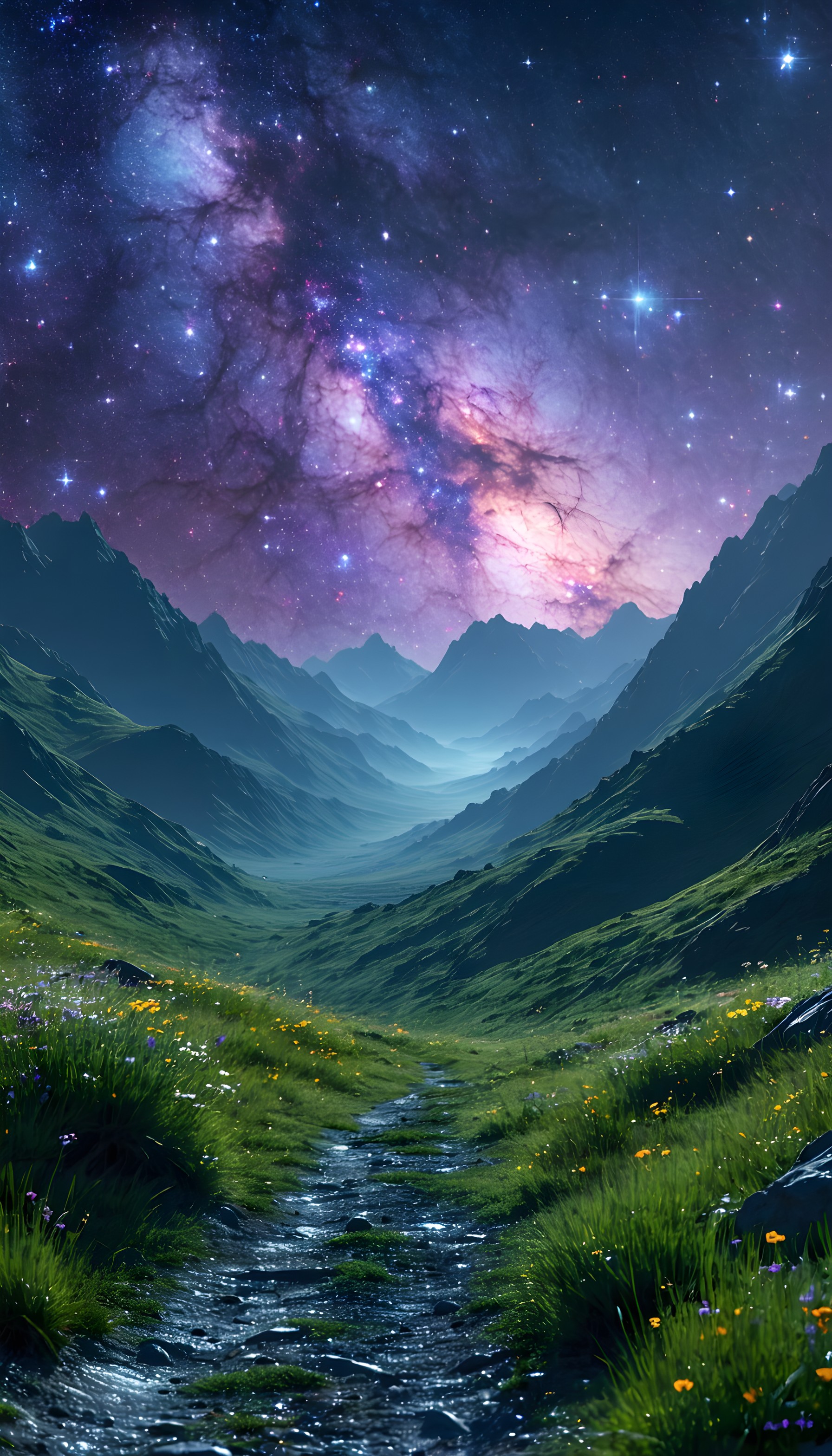 Milky Way Path Through Majestic Mountain Valley, milky way, galaxy, night sky, fantasy landscape, mountains, green valley