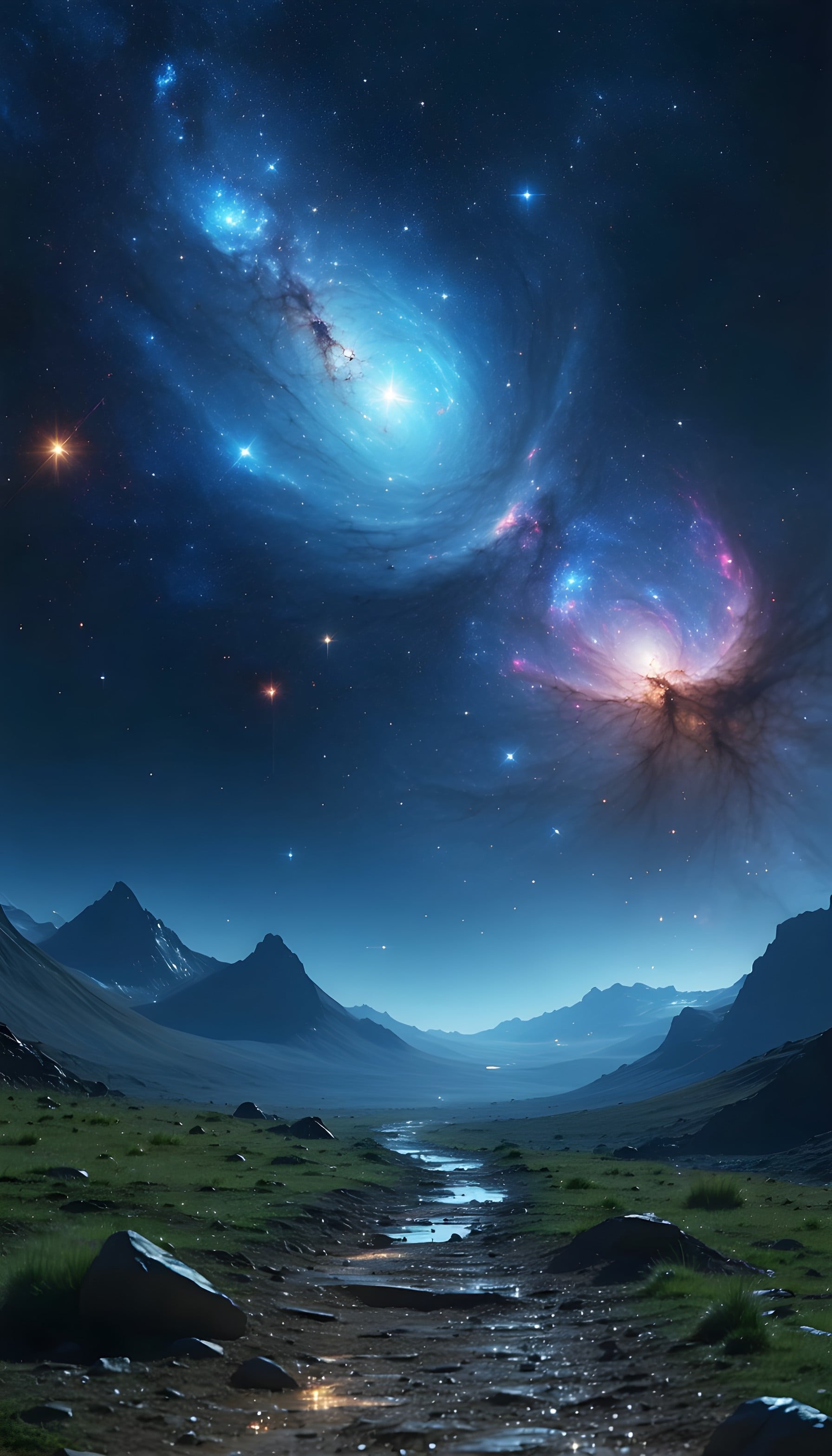 Mystical Galaxy Night Over Mountain Valley Path, galaxy, nebula, night sky, mountain landscape, stream, digital art