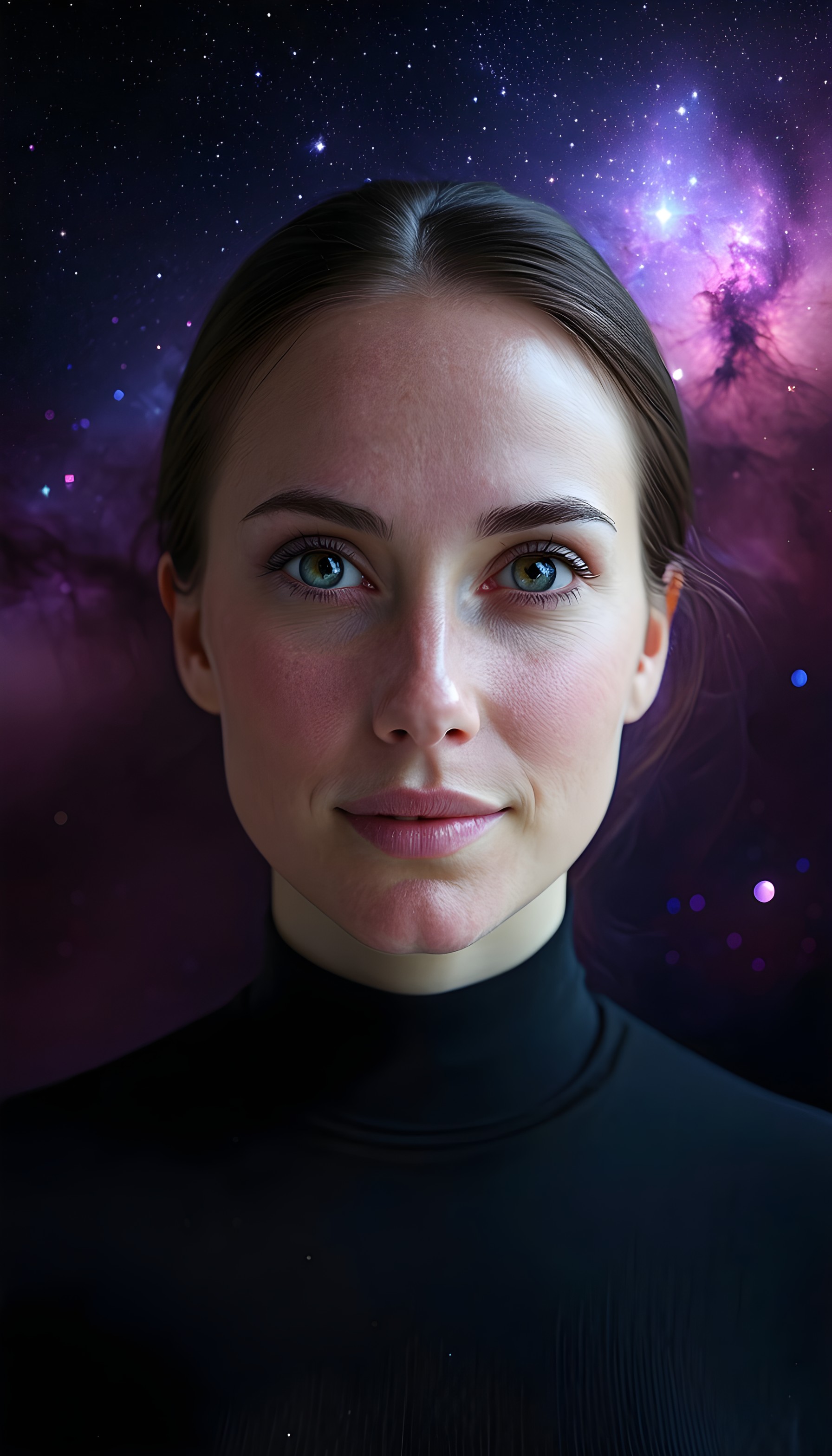 Celestial Gaze: Woman Against Vibrant Nebula, woman, portrait, space, nebula, galaxy, stars