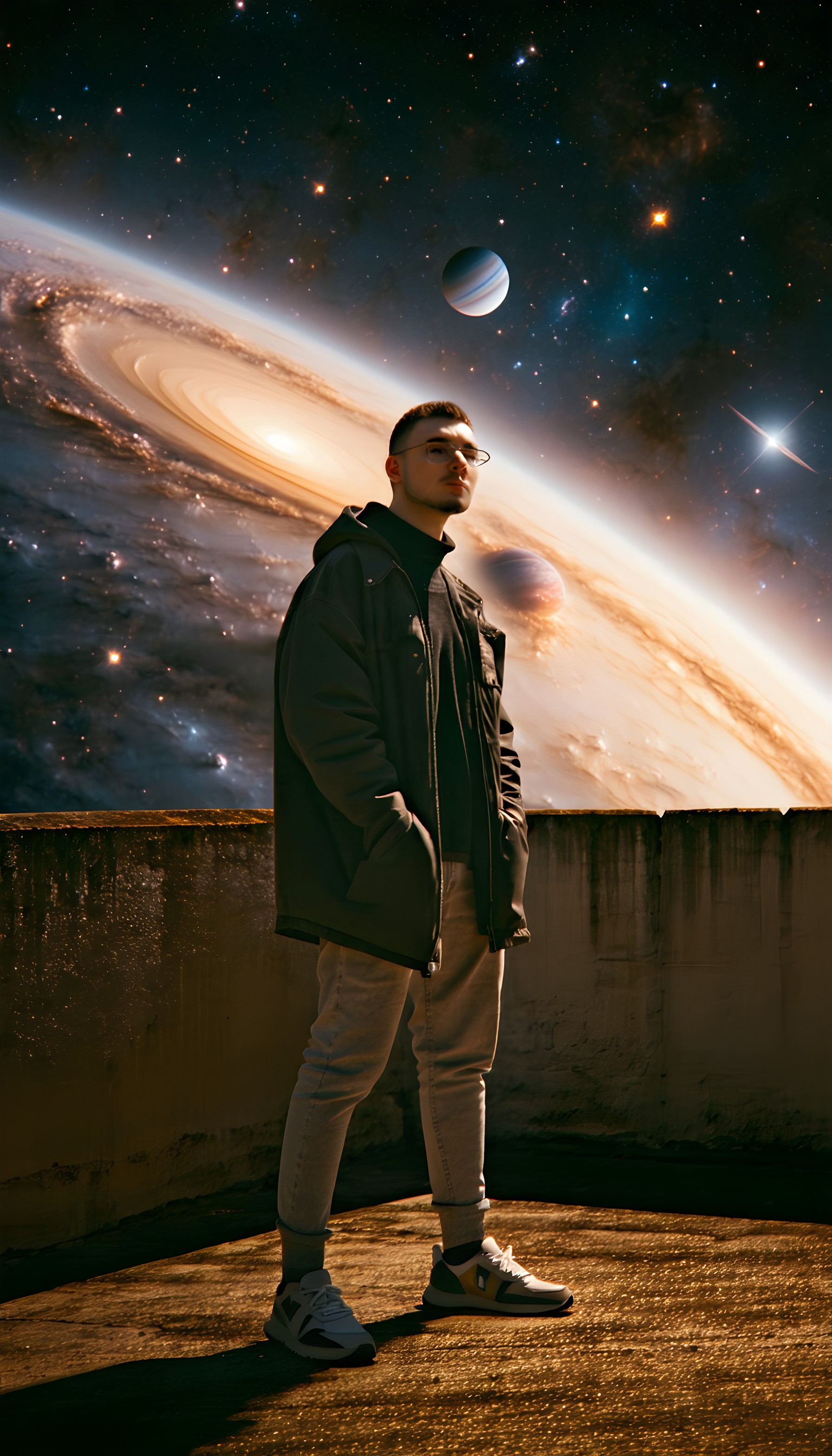 Urban Explorer Under Galactic Sky Wallpaper, space, galaxy, cosmos, sci-fi, aesthetic, dark