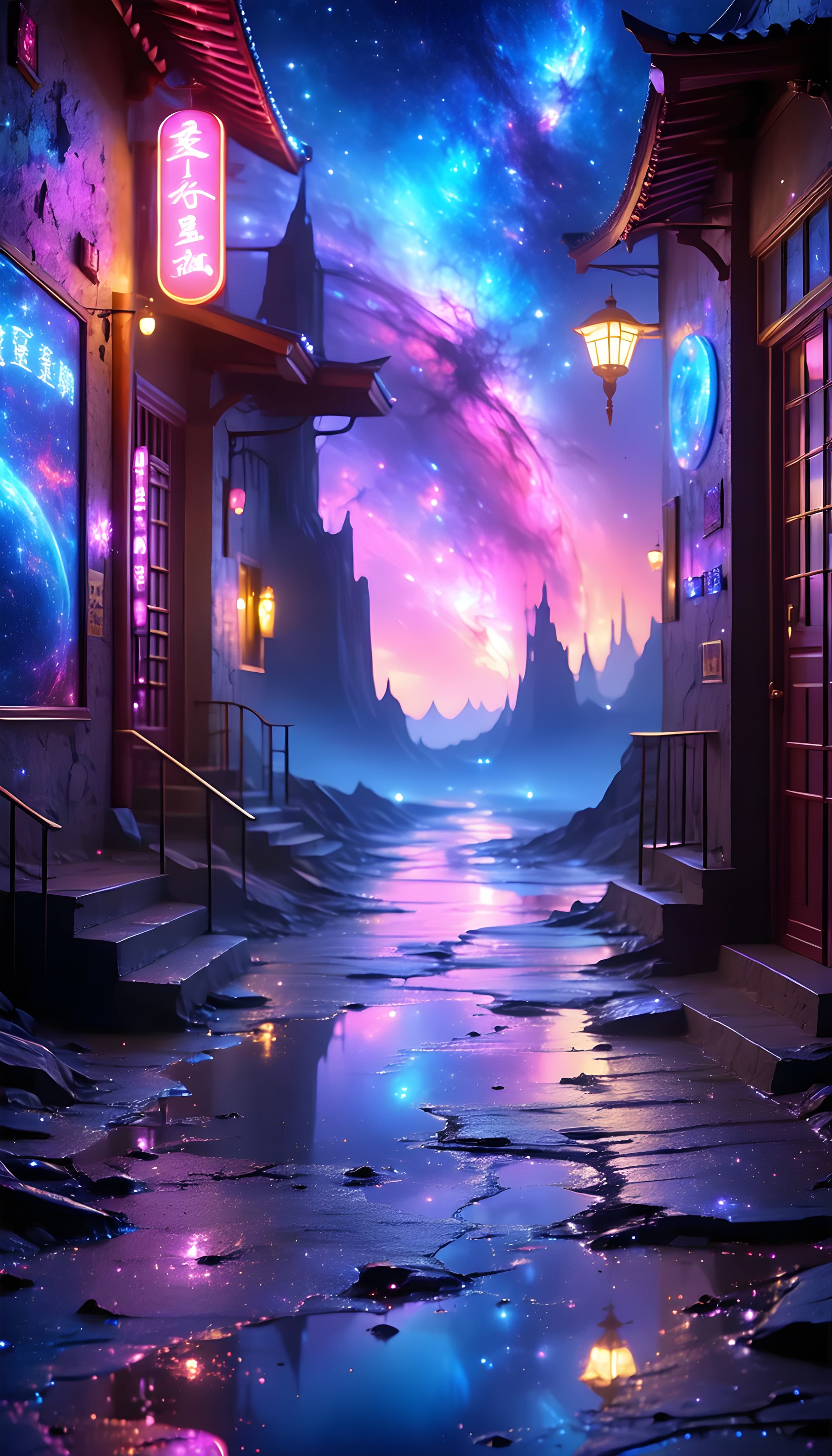 Neon Asian Street, Cosmic Nebula Sky Fantasy, fantasy, neon, cyberpunk, nebula, vibrant, street