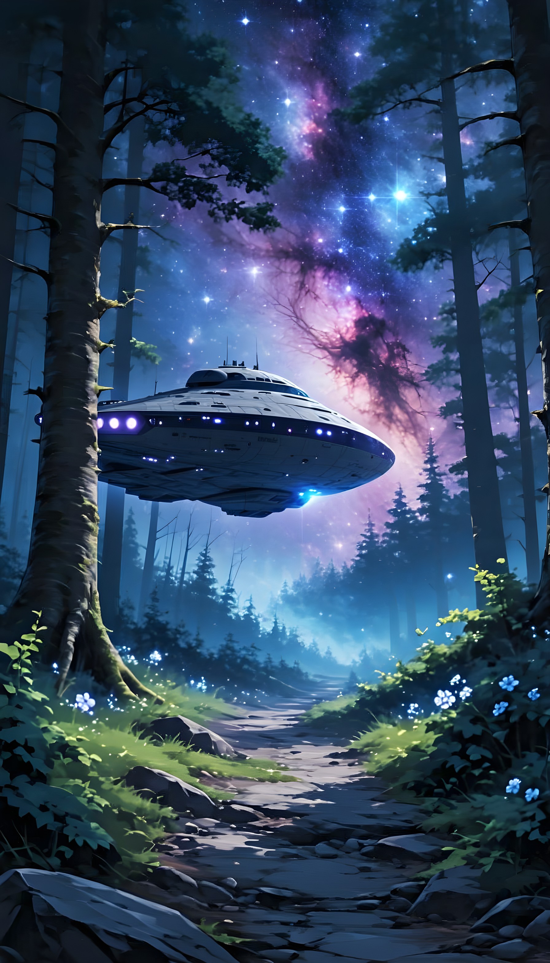 UFO Forest Galaxy Night Mobile Wallpaper, ufo, flying saucer, forest, galaxy, stars, night