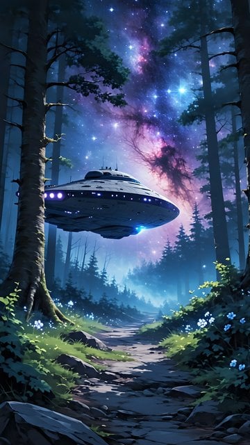 UFO Forest Galaxy Night Mobile Wallpaper