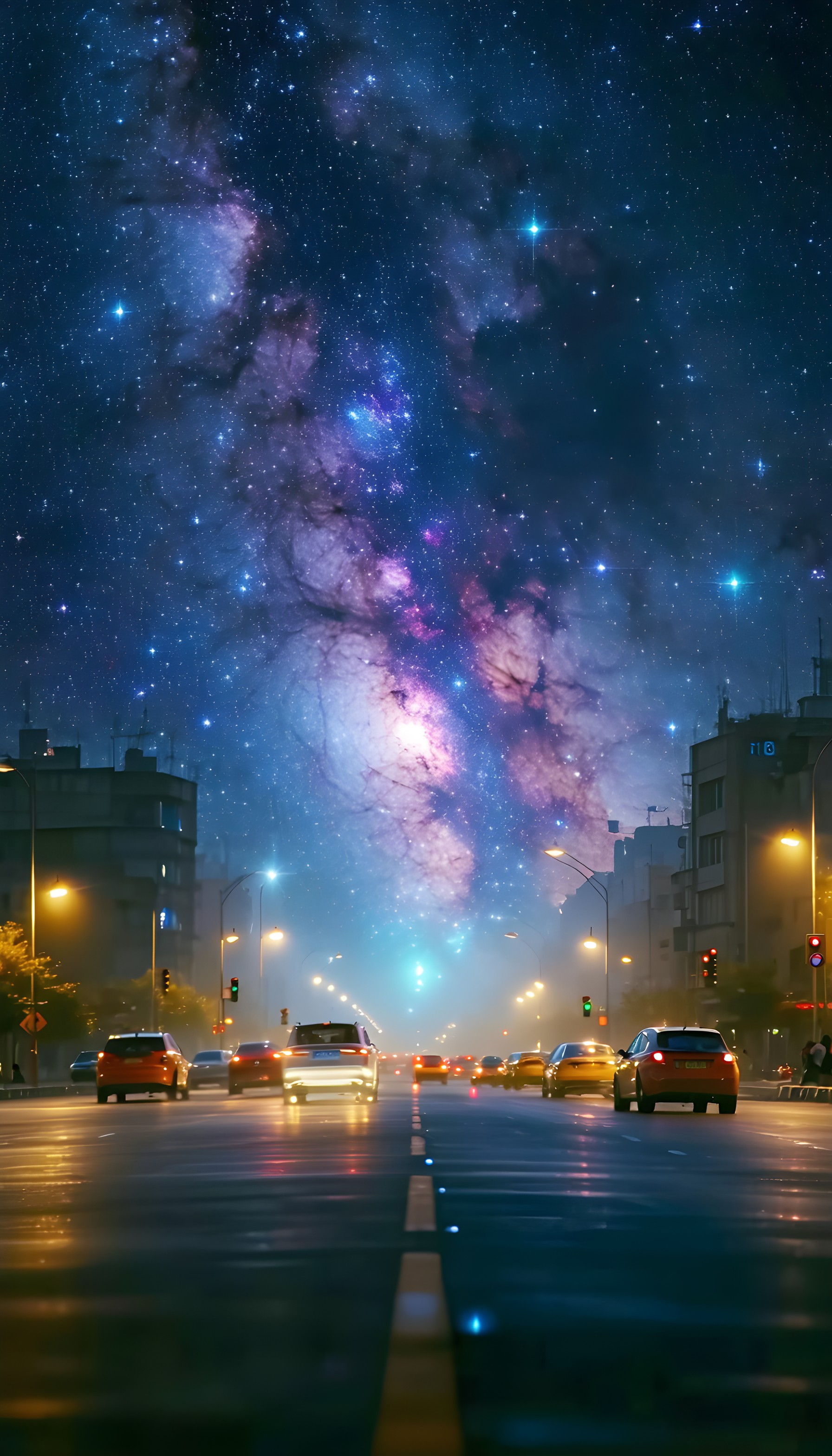 Cosmic City Street with Galaxy Night Sky Wallpaper, galaxy wallpaper, city night, space aesthetic, urban nebula, cosmic street, phone background