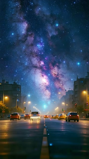 Cosmic City Street with Galaxy Night Sky Wallpaper