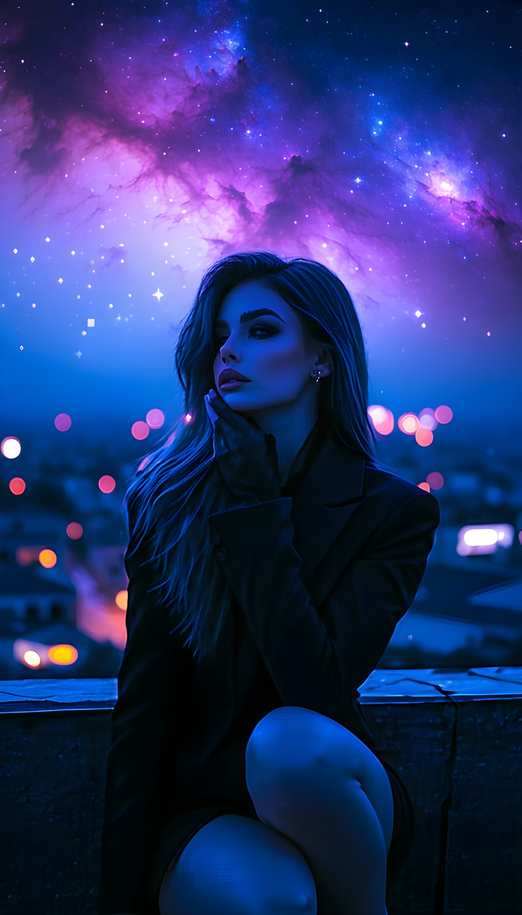 Mystical Nebula Woman City Night Wallpaper, galaxy, nebula, night city, mystical woman, purple blue, aesthetic
