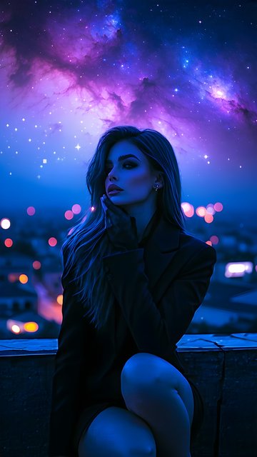 Mystical Nebula Woman City Night Wallpaper