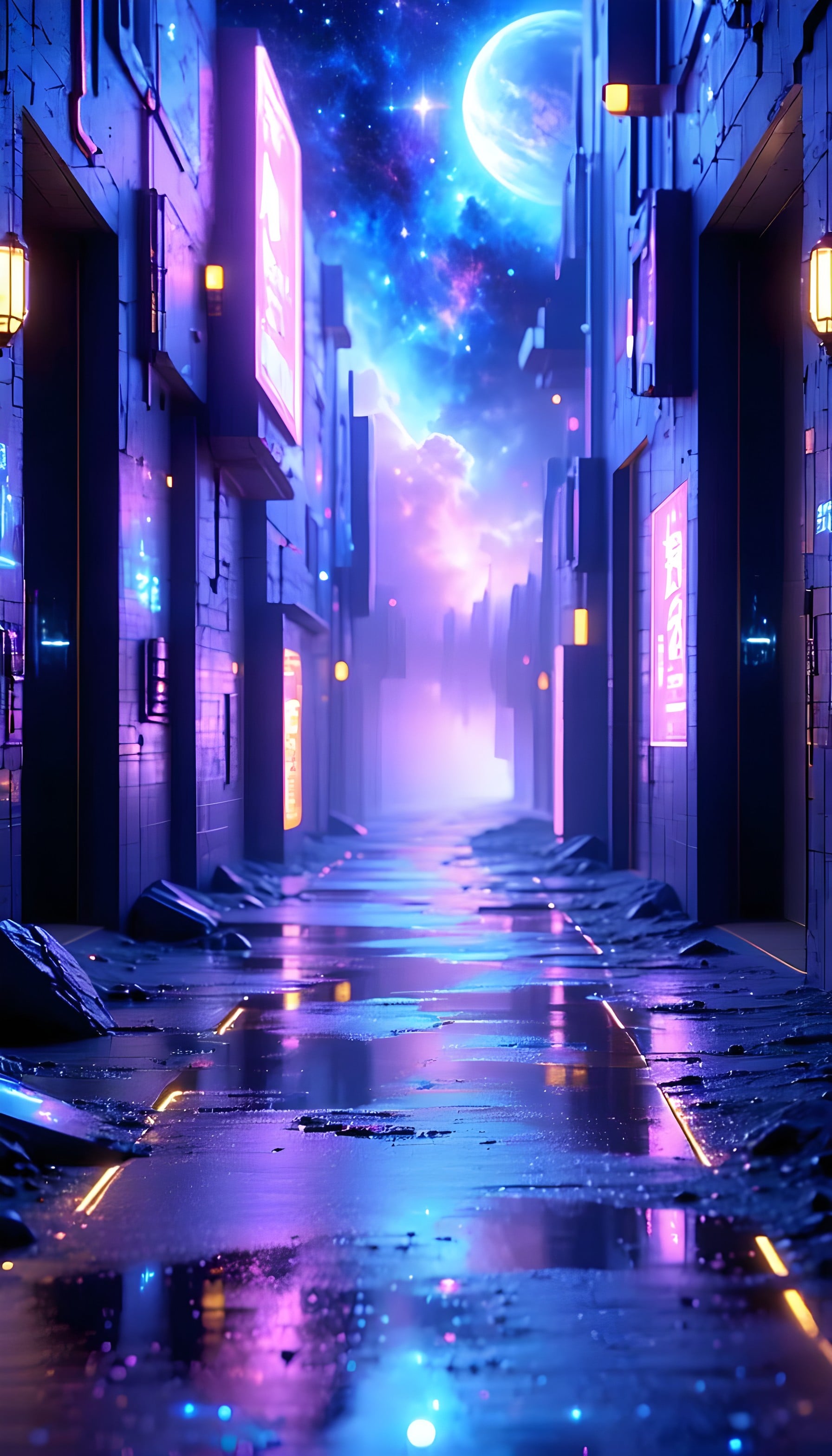 Vibrant Neon Cyberpunk Alley with Cosmic Moon & Galaxy, cyberpunk, neon, futuristic, alleyway, galaxy, moon