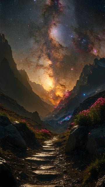 Galactic Mountain Path Night Sky Wallpaper