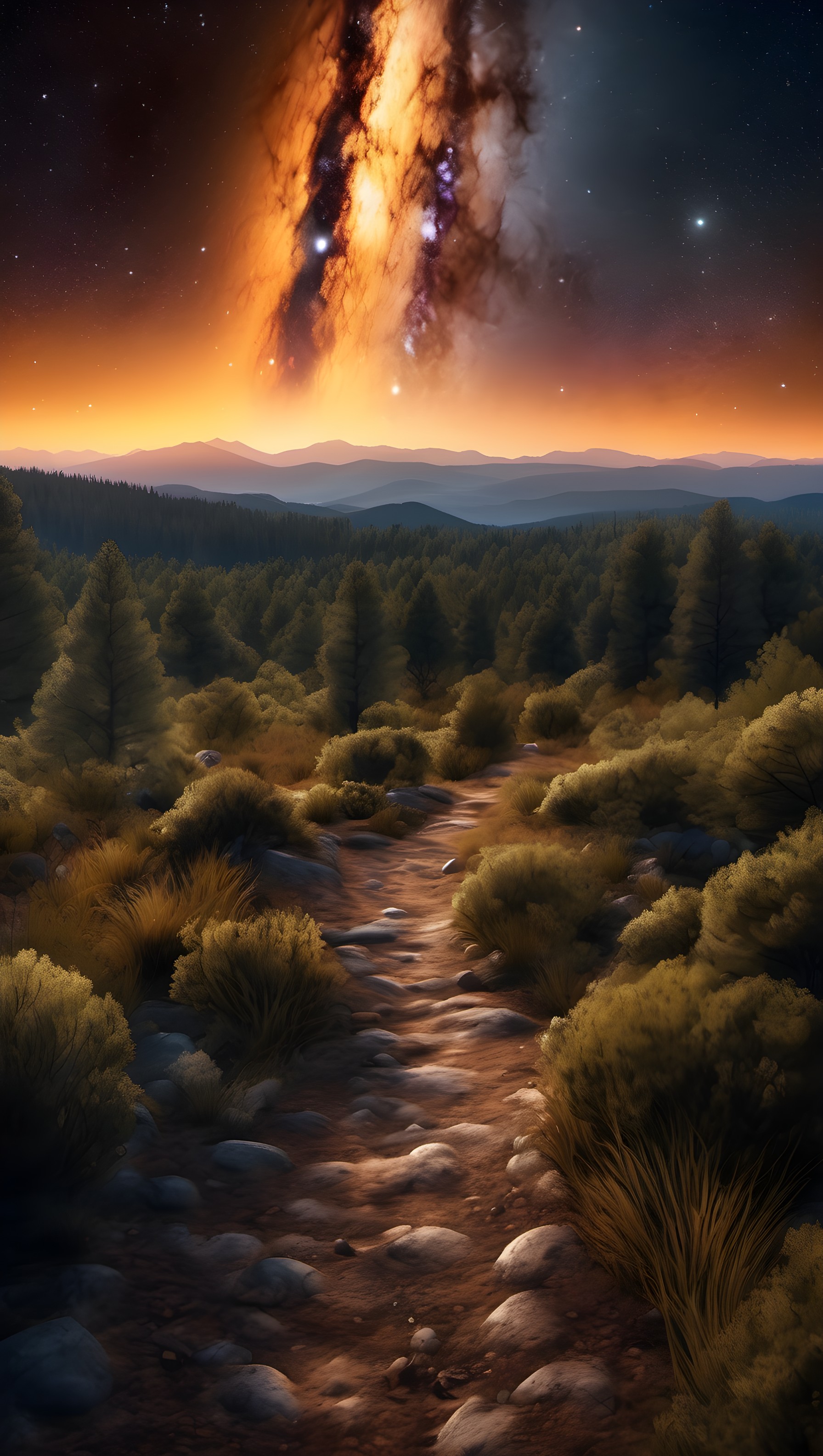 Cosmic Trail Under Nebula Night Sky Wallpaper, cosmic, nebula, space, galaxy, trail, forest